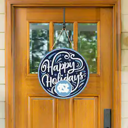 Evergreen Enterprises - North Carolina Tar Heels 18" Happy Holidays Wooden Round Door Sign - Multicolor