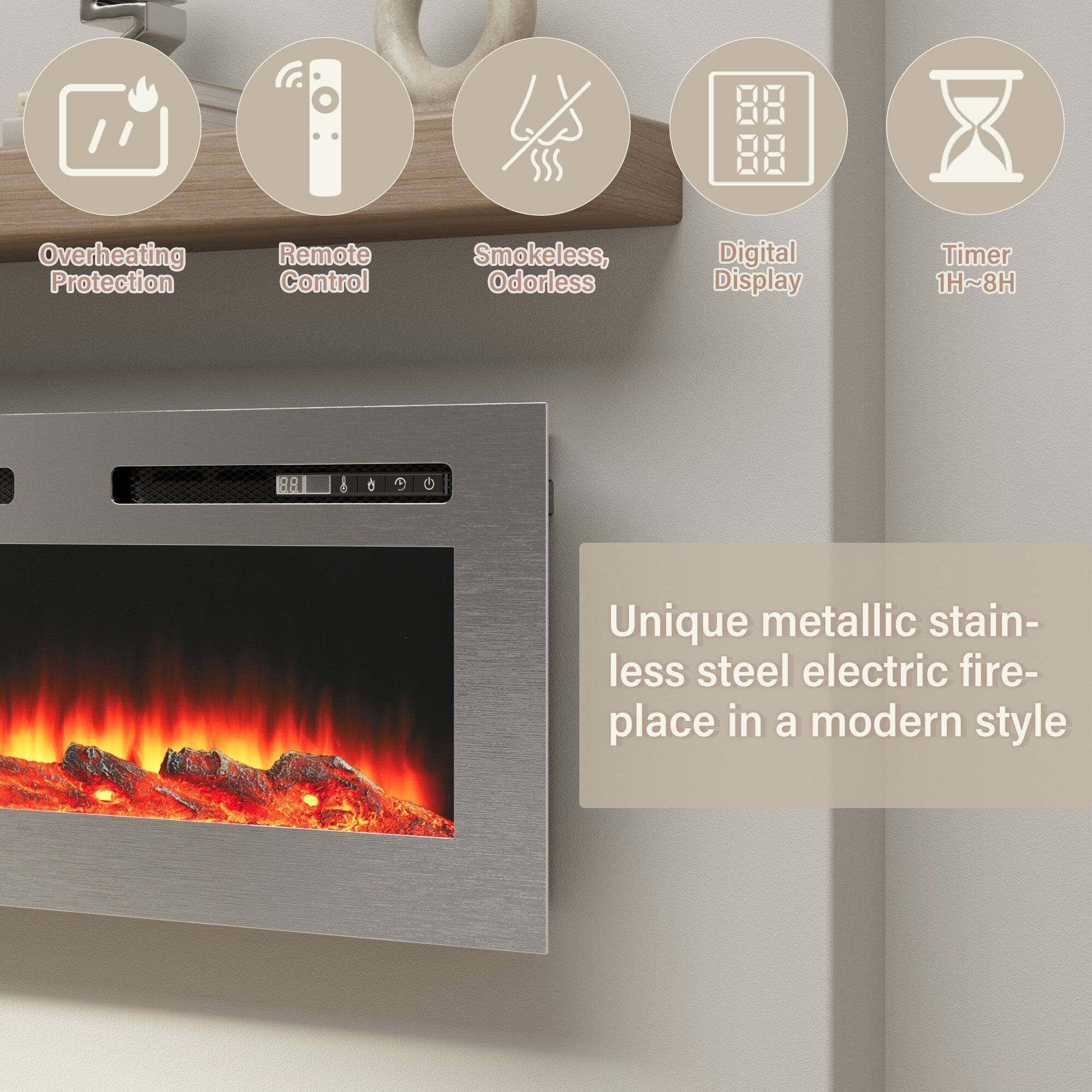 Overheating Protection, Remote Control, Smokeless, Odorless, Digital Display, Timer 1H~8H, Unique metallic stain- less steel electric fire- place in a modern style