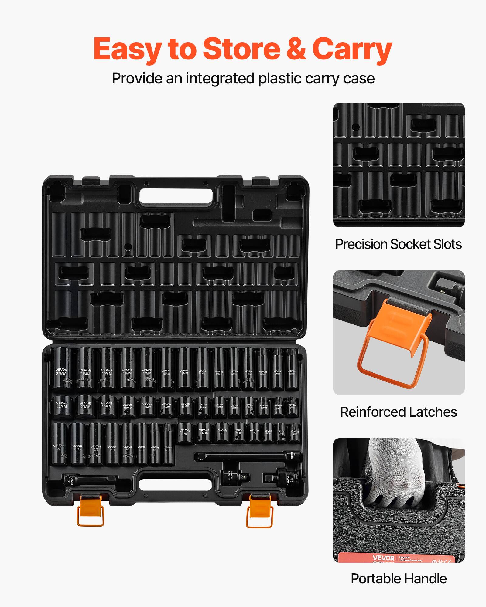 Easy to Store & Carry  
Provide an integrated plastic carry case  

Precision Socket Slots  

Reinforced Latches  

Portable Handle