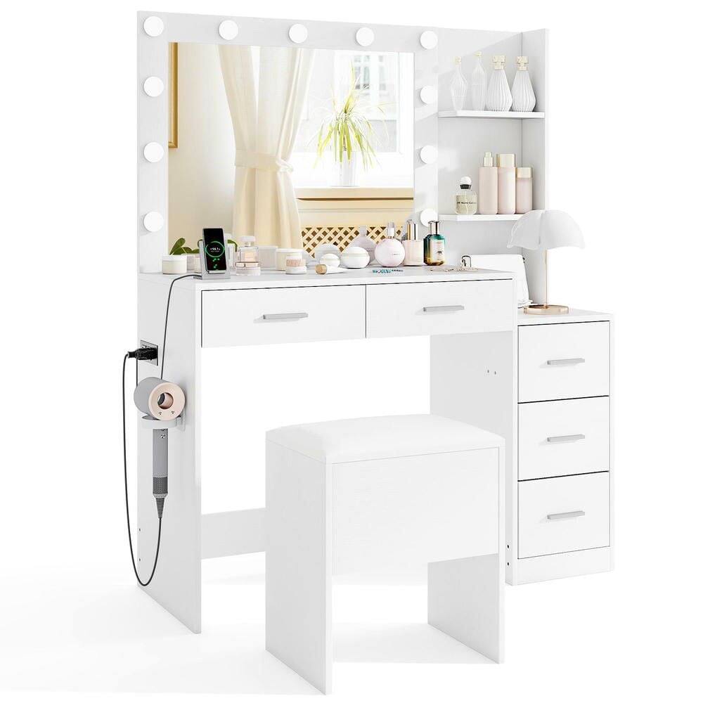 Front. Kadyn - Makeup Vanity Set - Dressing Table, Cushioned Stool, Hair Dryer Stand - White - White.