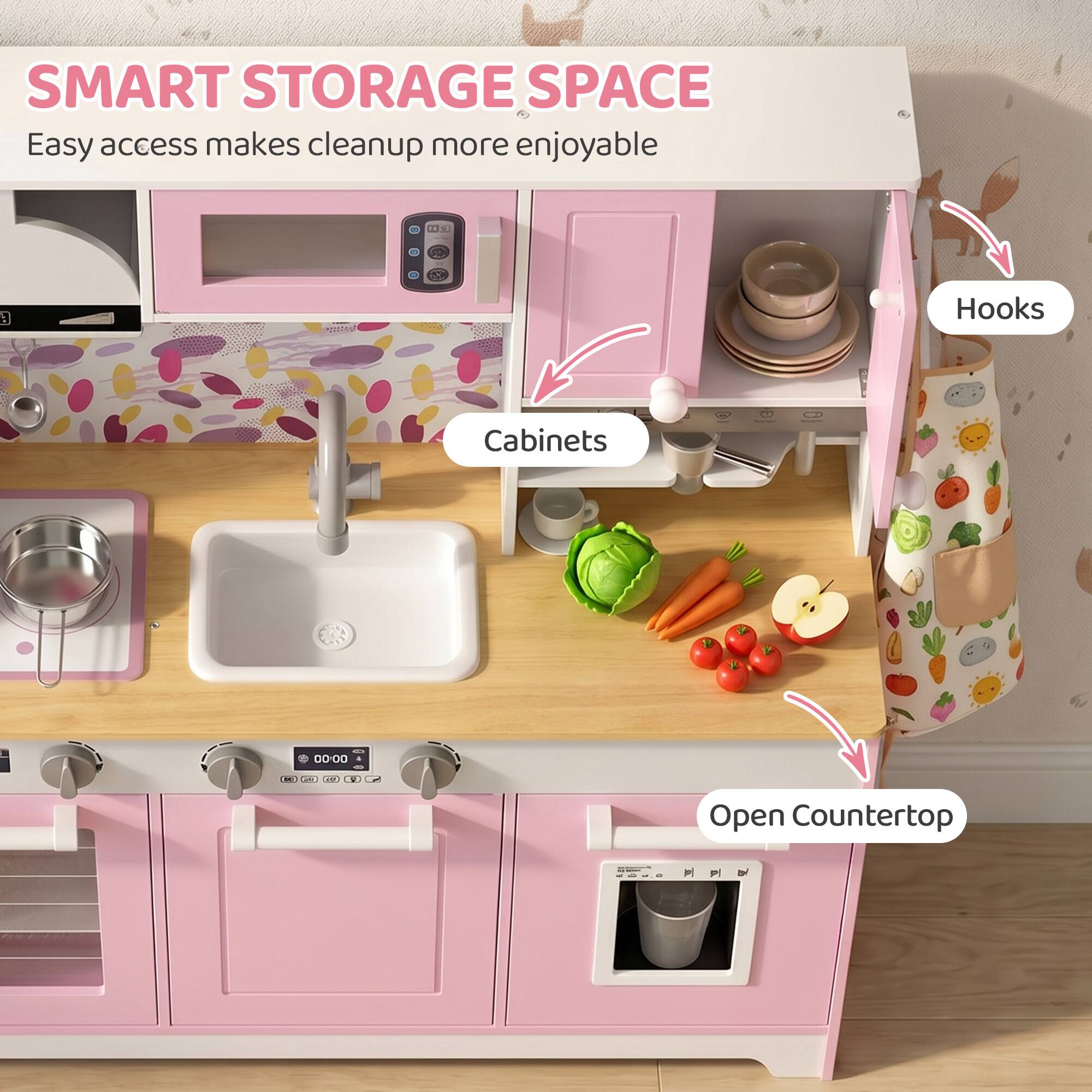 SMART STORAGE SPACE  
Easy access makes cleanup more enjoyable  

1. Hooks  
2. Cabinets  
3. Open Countertop
