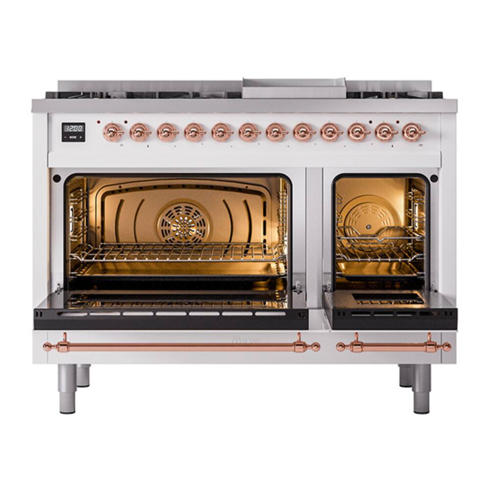 Alt View 4. ILVE - ILVE Nostalgie II Series 48 in. Dual Fuel Range with 8 Sealed Burners + Griddle (Liquid Propane, Copper Trim) - White.