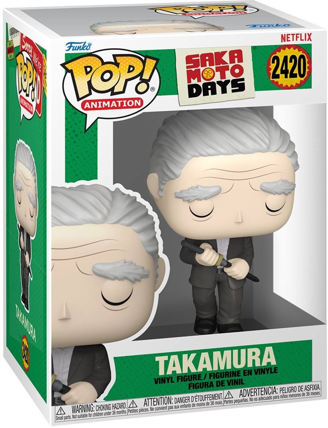 Funko POP! Animation  
SAKA MOTO DAYS  
TAKAMURA  
VINYL FIGURE / FIGURINE EN VINYLE / FIGURA DE VINIL  
WARNING: CHOKING HAZARD. Small parts. Not suitable for children under 36 months.  
ATTENTION: DANGER D'ÉTOUFFEMENT. Petites pièces. Ne convient pas aux enfants de moins de 36 mois.  
ADVERTENCIA: PELEIGRO DE ASFIXIA. D'TOUFFEMENT. ADVERTENCIA: para niños menores de 36 meses.