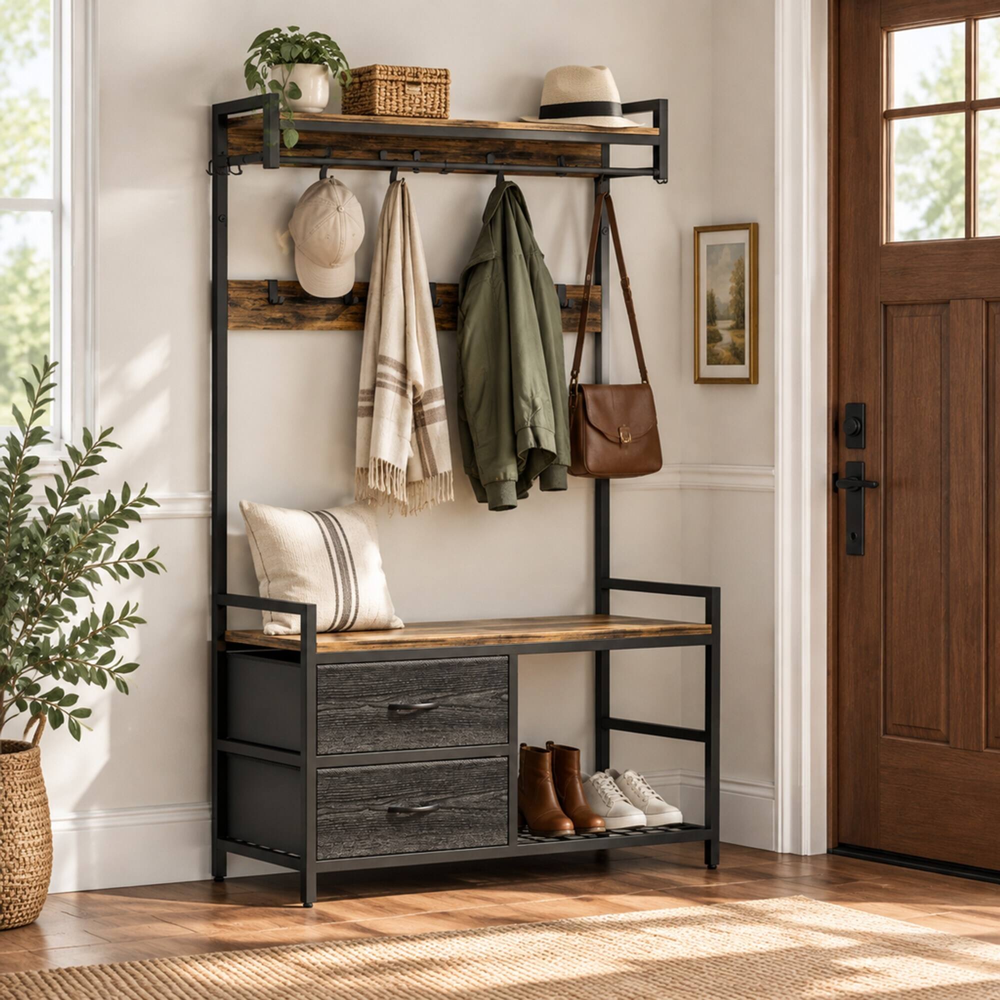 RYHNUYNE 33.1 in Wide 5 in 1 Hall Tree, Entryway Bench, Shoe Storage, 2 ...