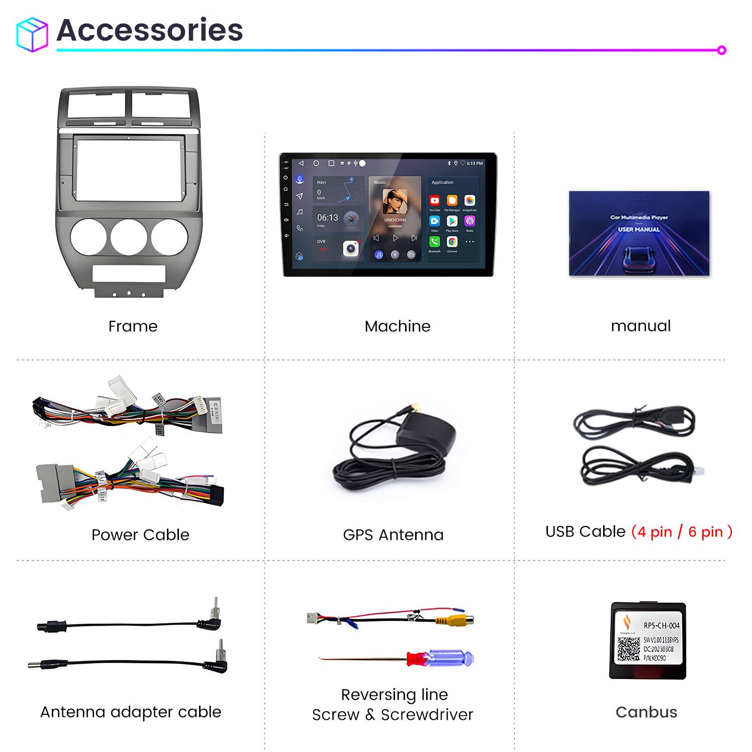 Accessories

- Frame
- Machine
- Manual
- Power Cable
- GPS Antenna
- USB Cable (4 pin / 6 pin)
- Antenna adapter cable
- Reversing line
- Screw & Screwdriver
- Canbus