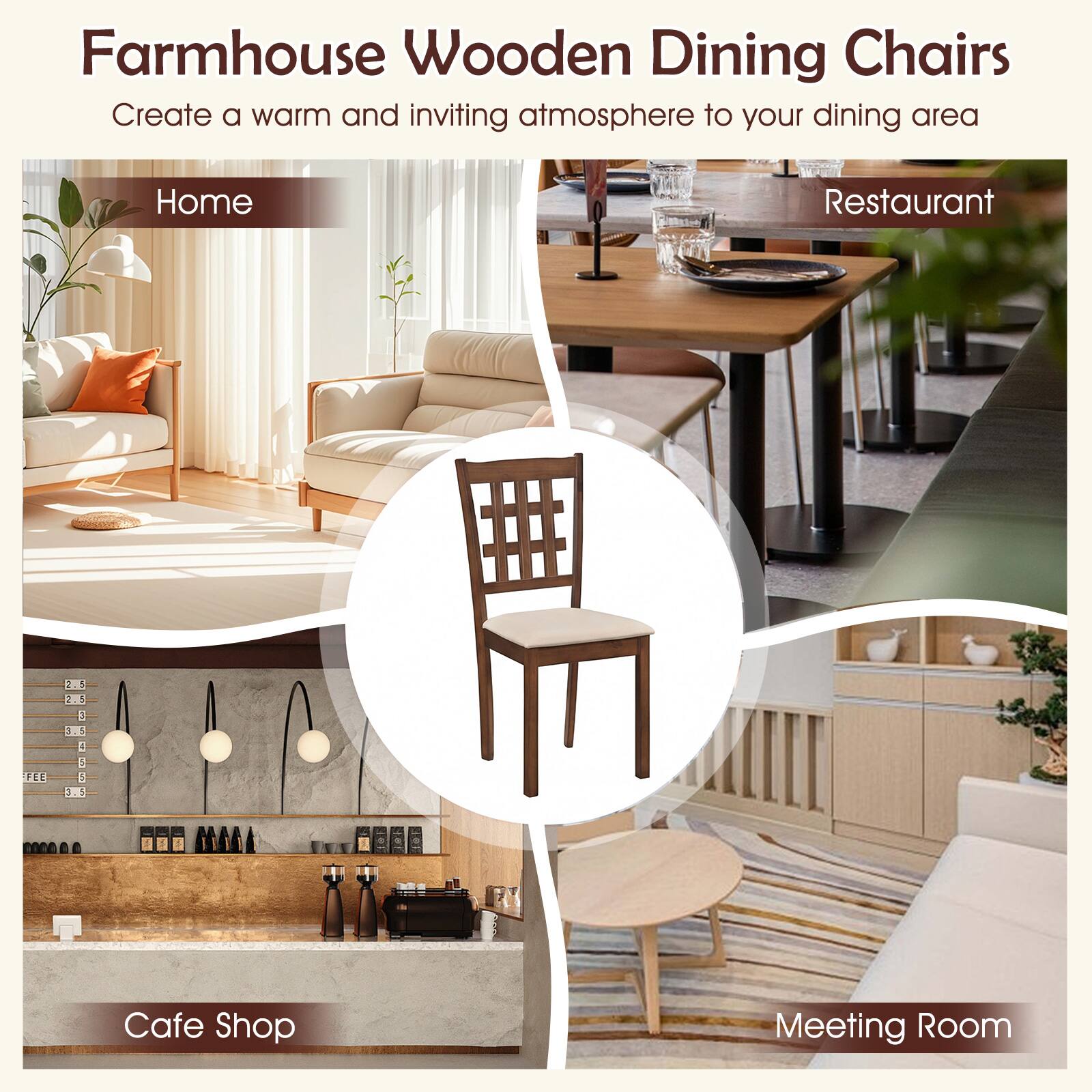 Farmhouse Wooden Dining Chairs  
Create a warm and inviting atmosphere to your dining area  

Home  
Restaurant  
Cafe Shop  
Meeting Room