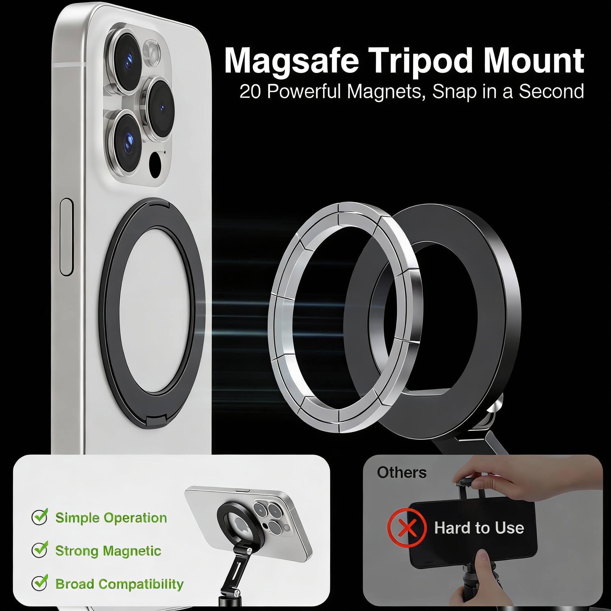 Magsafe Tripod Mount  
20 Powerful Magnets, Snap in a Second  

- Simple Operation  
- Strong Magnetic  
- Broad Compatibility  

Others  
Hard to Use