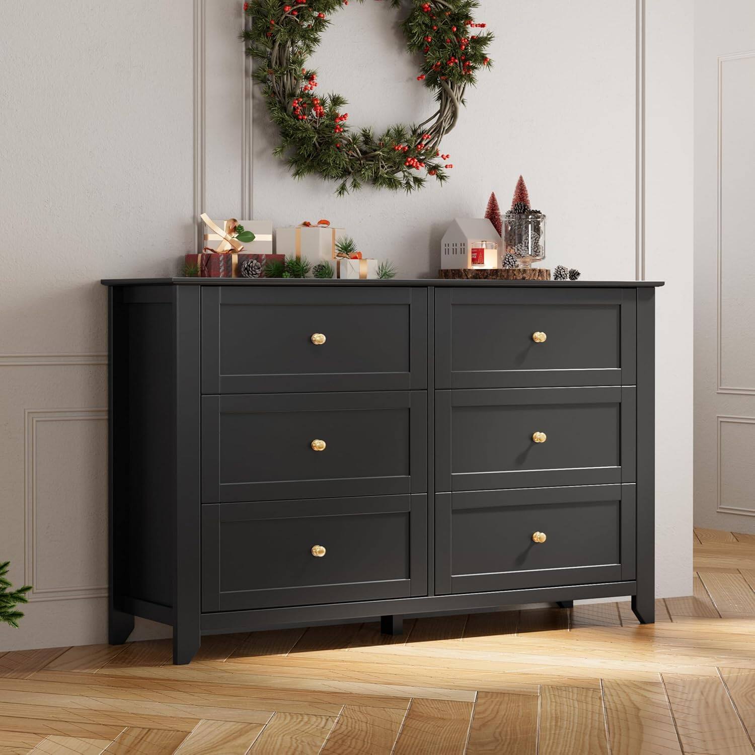 Front. Homhougo - 6-Drawer Modern Dresser, 54" Wide, Deep Drawers, Bedroom, Black - Black.