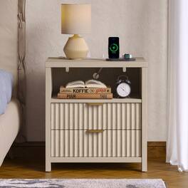Furnulem - 19 In W Modern Nightstand With Charging Station - Beige