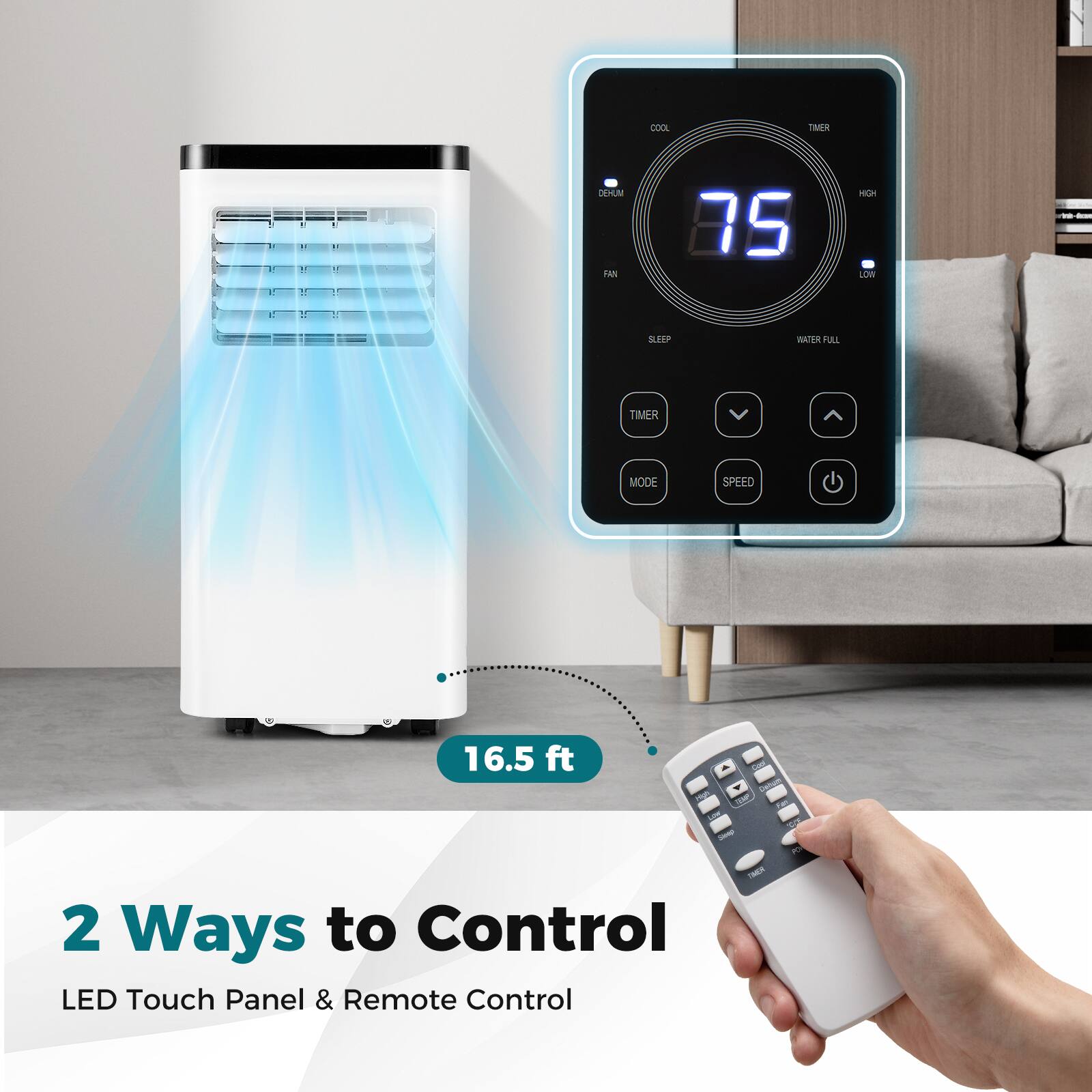 COOL DEHUMIDIFIER 75 HIGH On - - RHP maira P TIMER MODE SPEED 16.5 ft - I - - - TE 2 Ways to Control LED Touch Panel & Remote Control