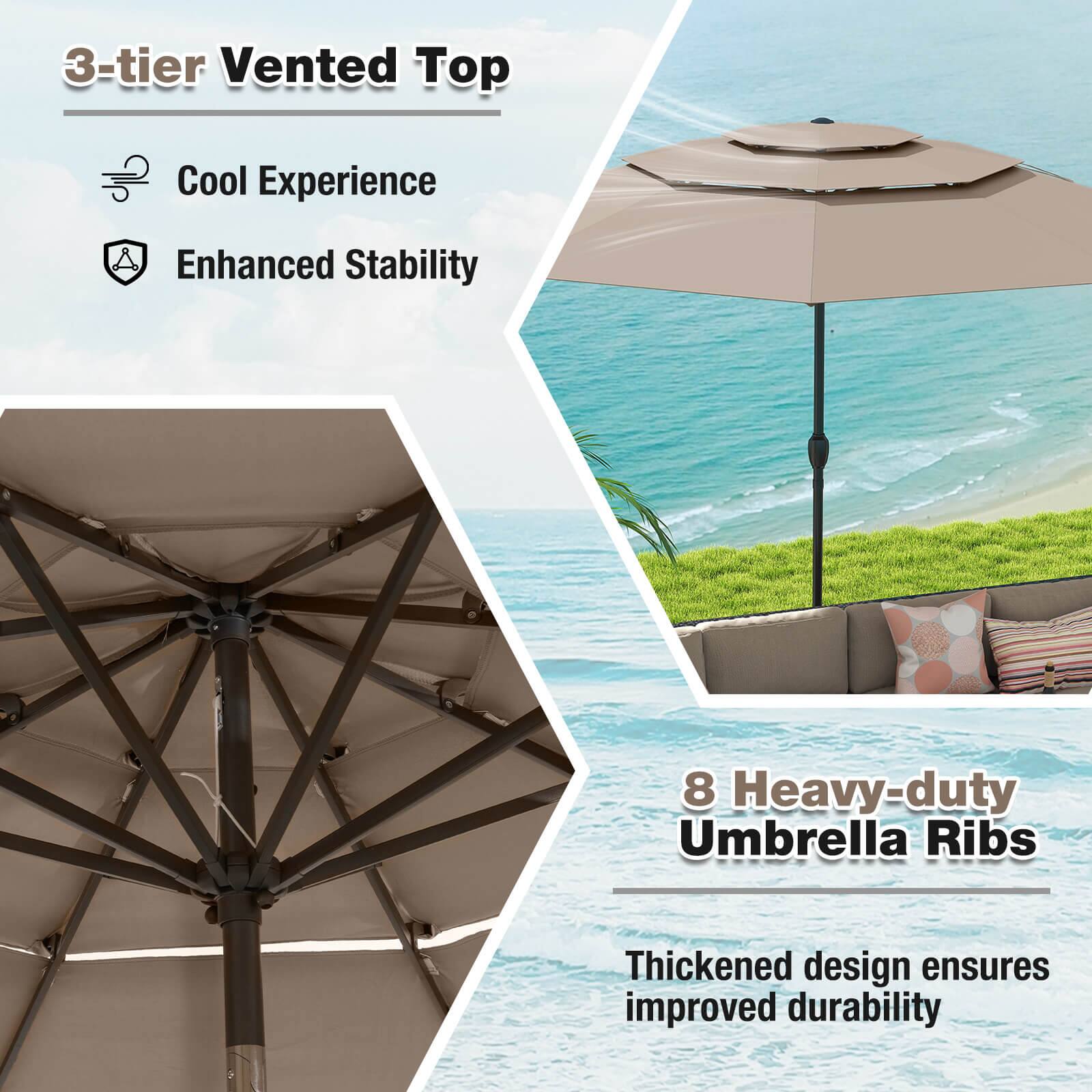 3-tier Vented Top
Cool Experience
Enhanced Stability
8 Heavy-duty Umbrella Ribs
Thickened design ensures improved durability