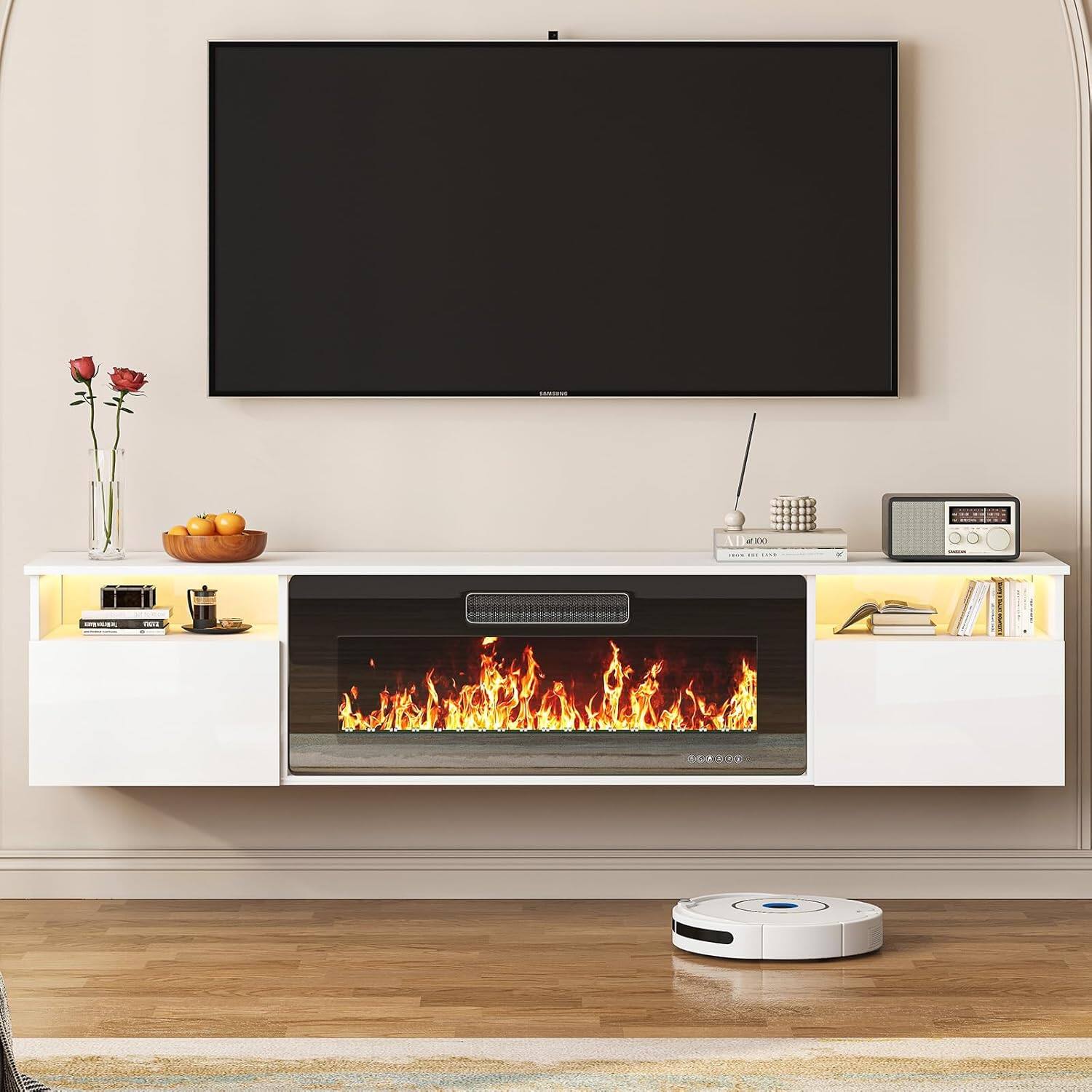 Front. Circus Cirle - 70" Floating TV Stand with 36" Electric Fireplace Heater - White.