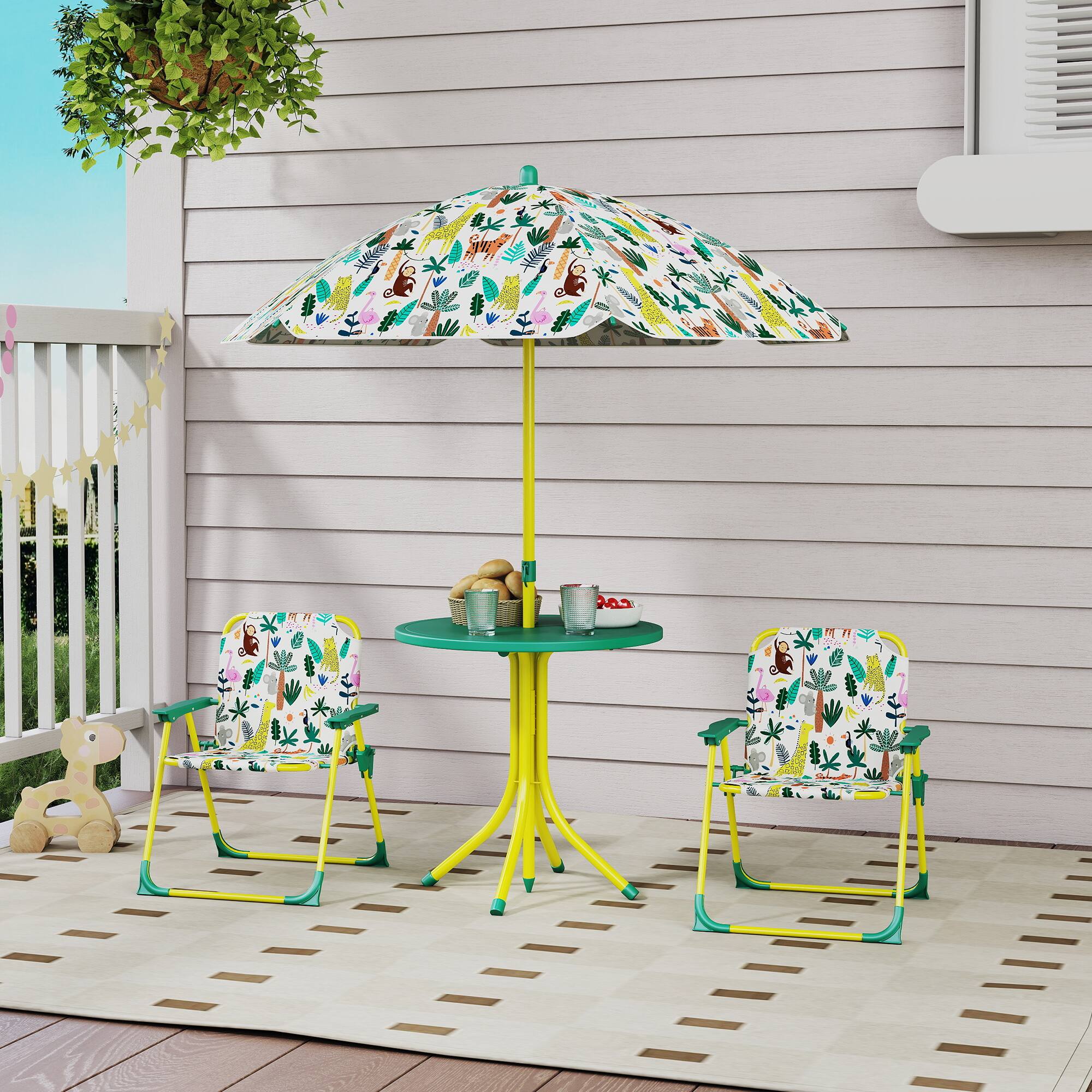 Alt View 1. Qaba - Kids Picnic Table, Kids Table and Chair Set with 2 Folding Chairs and Umbrella for Backyard, Garden - Green.
