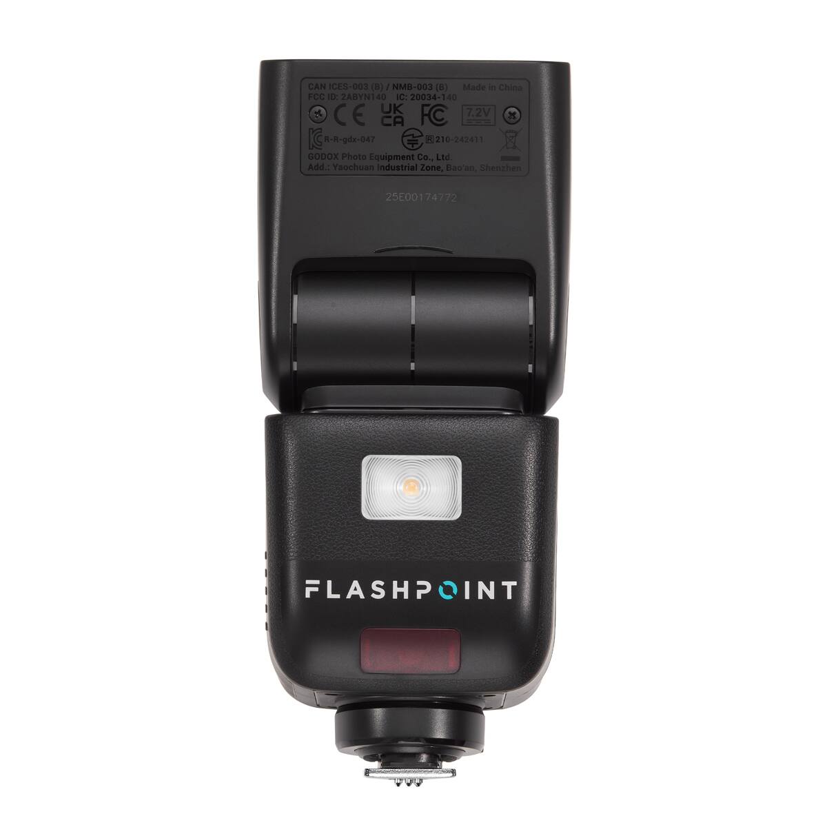 CAN ICES-003 (B) NMB-003 (8) Made in China  
FCC ID: 2ABYN140 IC: 20034-140  
UK 7.2V CE CA FC  
R-R-gdx-047 210-242411  
GODOX Photo Equipment Co., Ltd.  
Add.: Yaochuan Industrial Zone, Bao'an, Shenzhen  
25E00174772  
FLASHPOINT