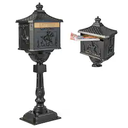 Costway - Retro Cast Aluminum Mailbox Lockable Security Postal Letter Box with Baffle Door - Black