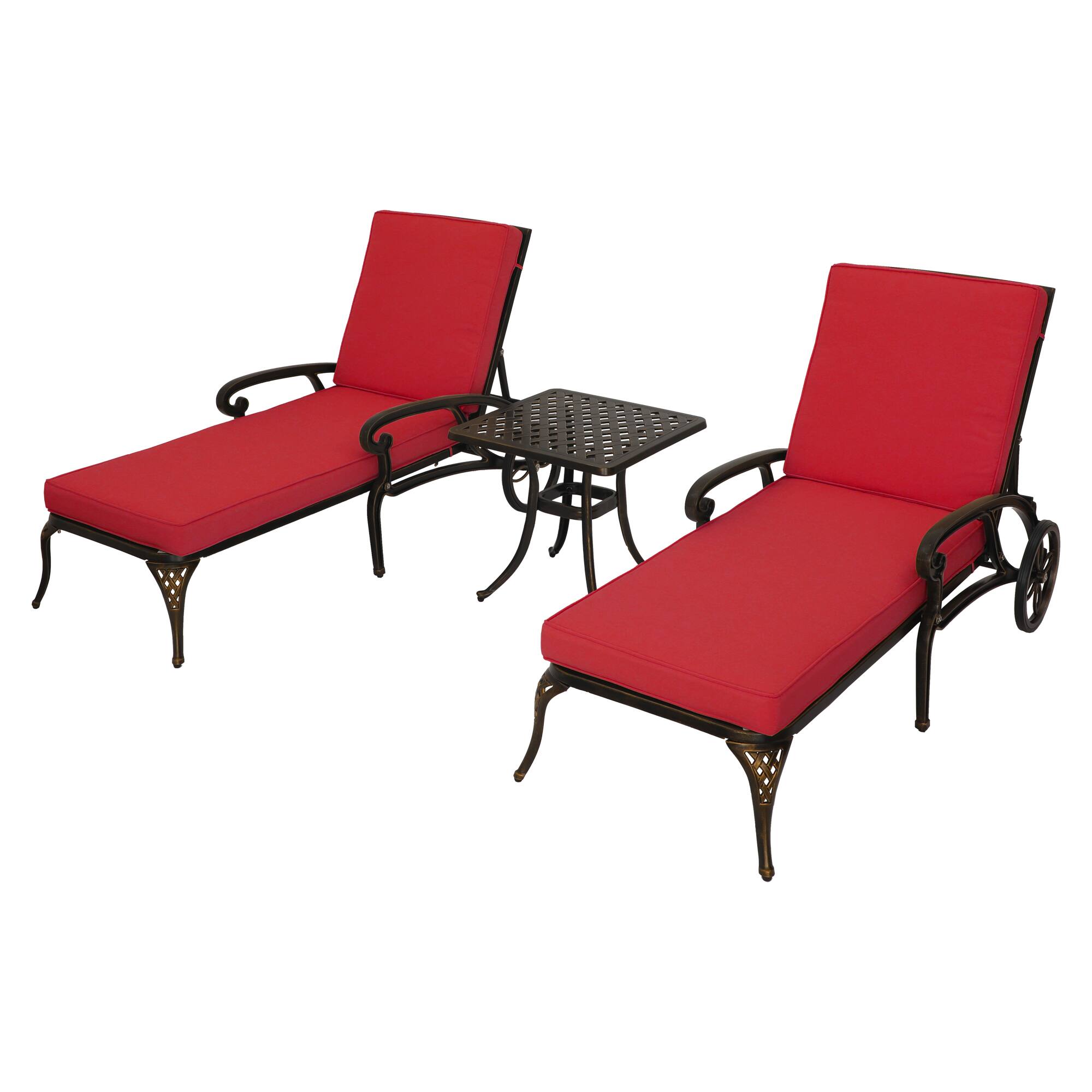 Mondawe - 3-Piece Aluminum Reclining Chaise Lounge Set with ast Aluminum Side Table and Cushion - Bronze