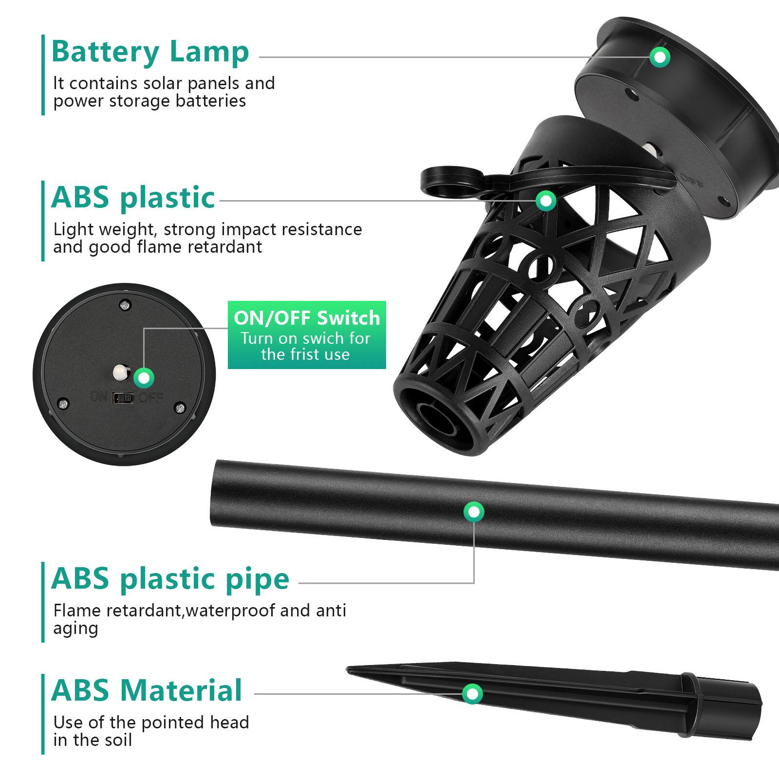 Battery Lamp  
It contains solar panels and power storage batteries  

ABS plastic  
Light weight, strong impact resistance and good flame retardant  

ON/OFF Switch  
Turn on switch for the first use  

ABS plastic pipe  
Flame retardant, waterproof and anti aging  

ABS Material  
Use of the pointed head in the soil