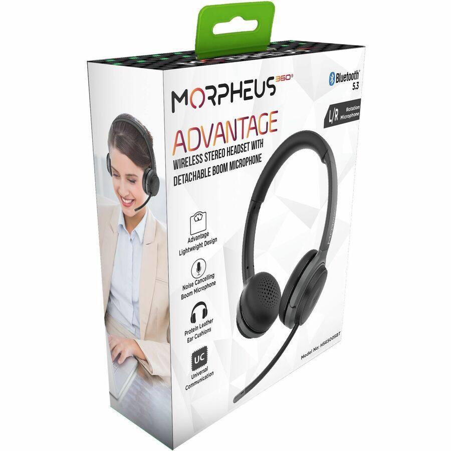 MORPHEUS  
ADVANTAGE  
WIRELESS STEREO HEADSET WITH DETACHABLE BOOM MICROPHONE  

- Lightweight Design  
- Noise Cancelling Boom Microphone  
- Protein Leather Ear Cushions  
- UC Universal Communication  

Bluetooth 5.3  
Rotation Microphone  

Model No: HS520098T  

360°