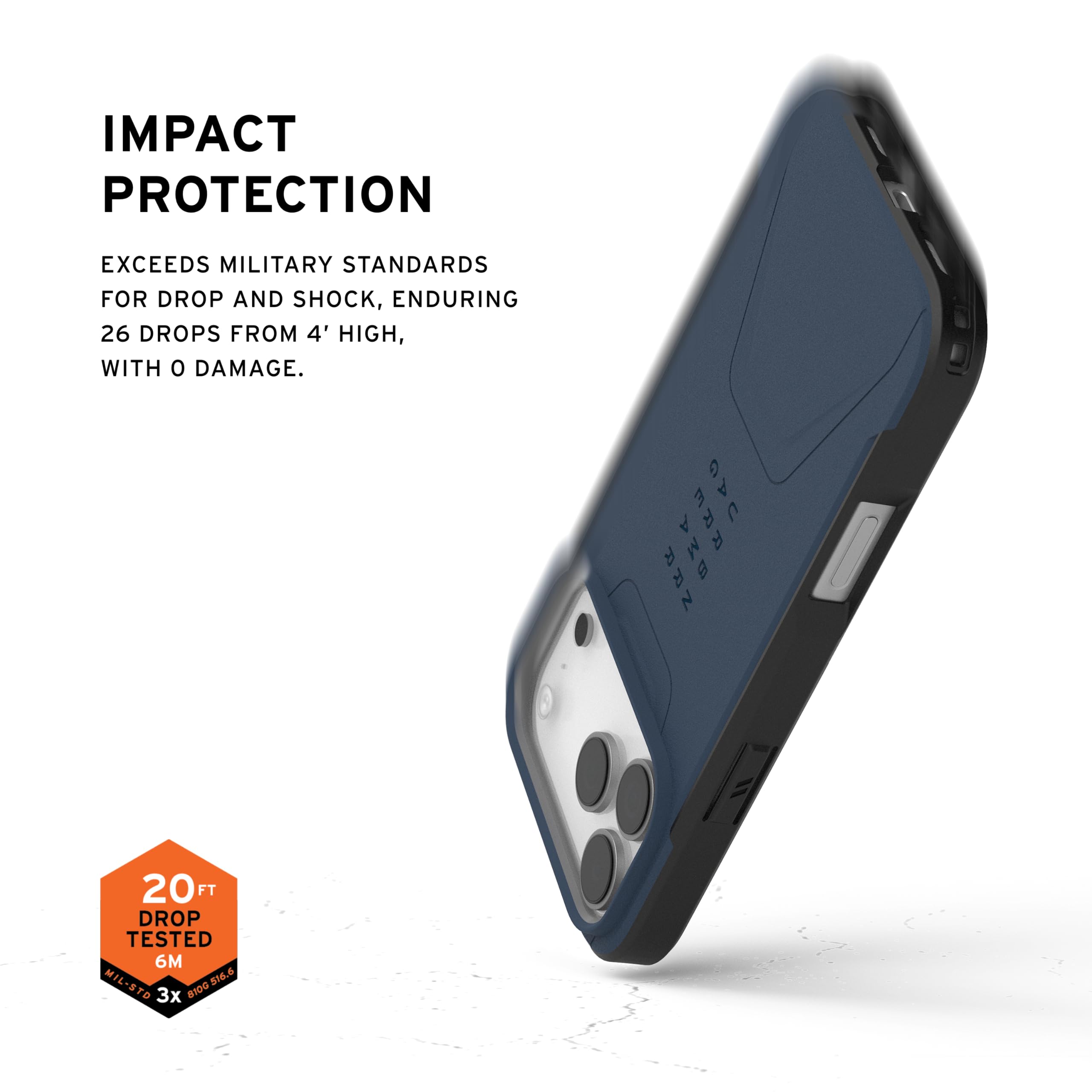 IMPACT PROTECTION

EXCEEDS MILITARY STANDARDS FOR DROP AND SHOCK, ENDURING 26 DROPS FROM 4' HIGH, WITH 0 DAMAGE.

20 FT DROP TESTED 6M

MIL-STD 810G 3X