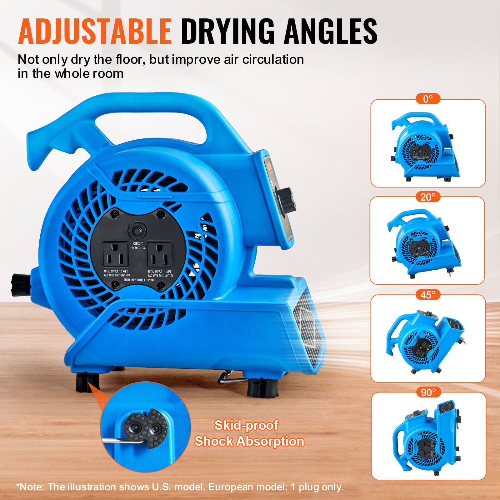 ADJUSTABLE DRYING ANGLES Not only dry the floor, but improve air circulation in the whole room 0 20 45 90 Skid-proof Shock Absorption

"Note: The illustration shows U.S. model. European model: 1 plug only.