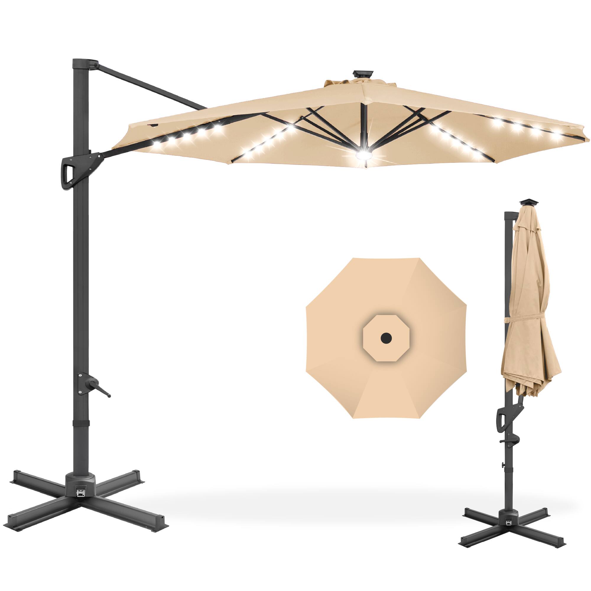Front. Best Choice Products - Best Choice Products 10ft 360-Degree Solar LED Lit Cantilever Patio Umbrella, Outdoor Hanging Shade - Sand - Sand.