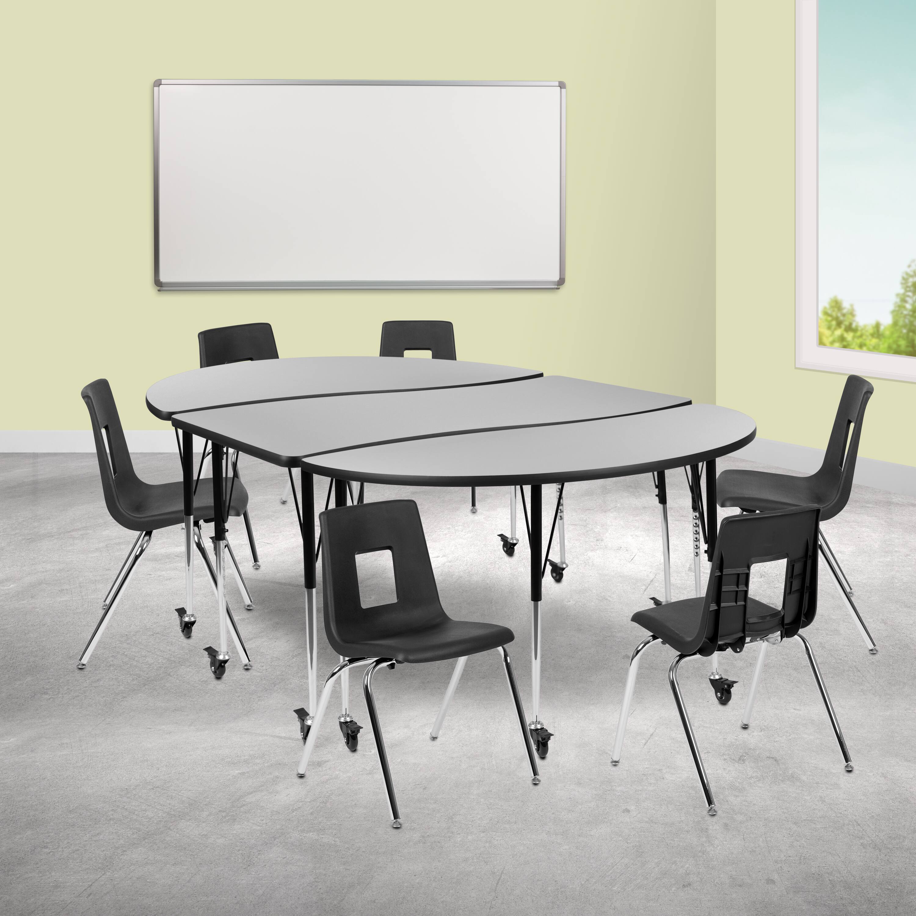 "Emma + Oliver - Mobile 86"" Oval Wave Collaborative Laminate Activity Table Set with 18"" Student Stack Chairs, Grey/Black - Gray" price history on PriceWatchPro