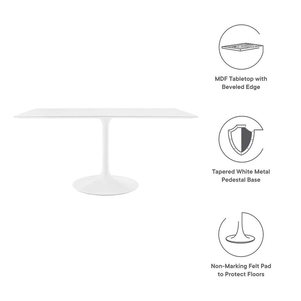 MDF Tabletop with Beveled Edge  
Tapered White Metal Pedestal Base  
Non-Marking Felt Pad to Protect Floors