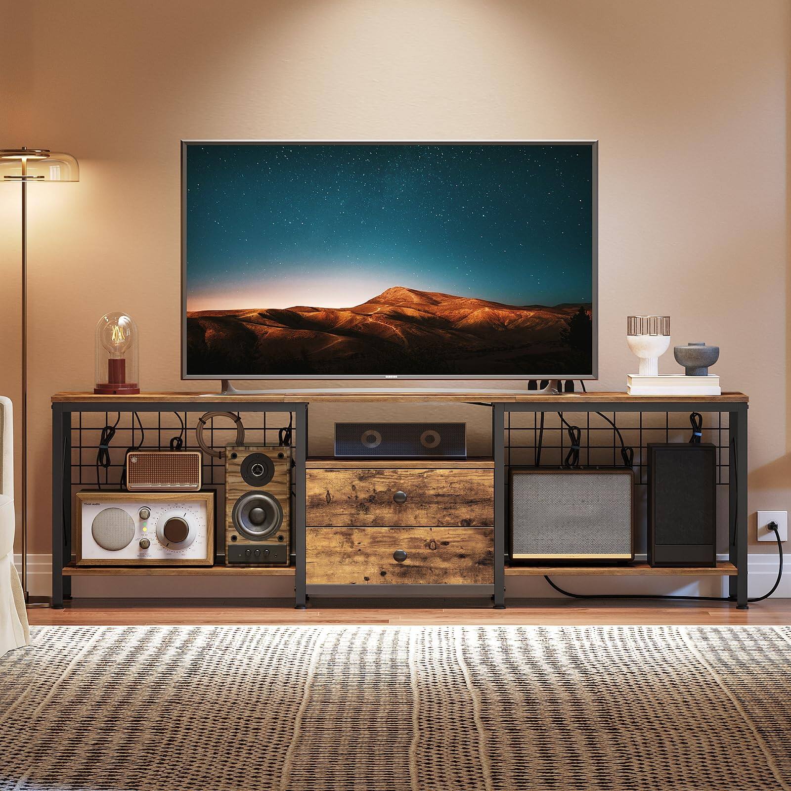 Hirose Alice - Tv Stand With Power Outlet Up To 75 Inch Entertainment Center 2 Fabric Drawers Console Table Open Storage Shel - 70.9"L x 11.8"W x 21.6"H