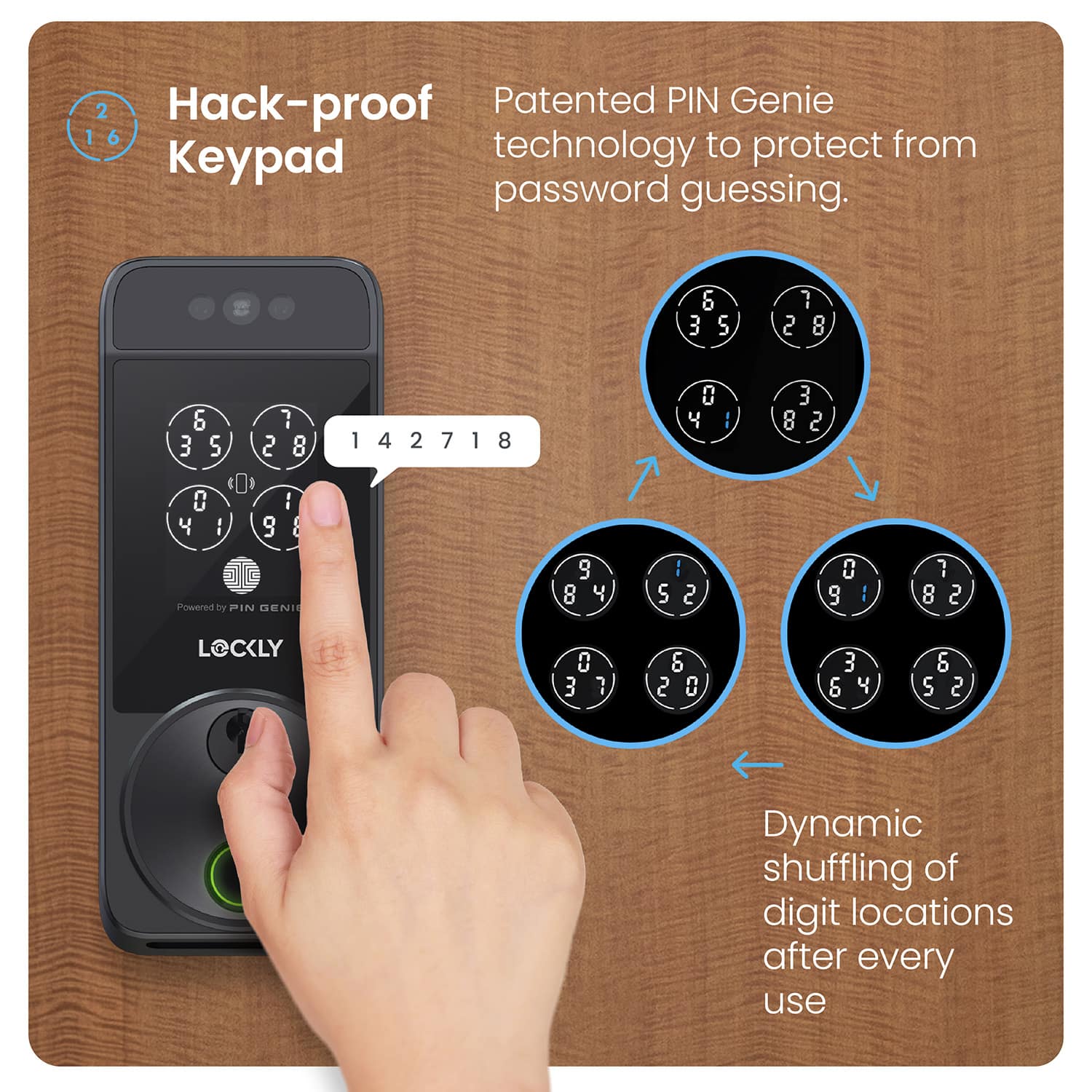 Hack-proof Keypad
Patented PIN Genie technology to protect from password guessing.
Dynamic shuffling of digit locations after every use.