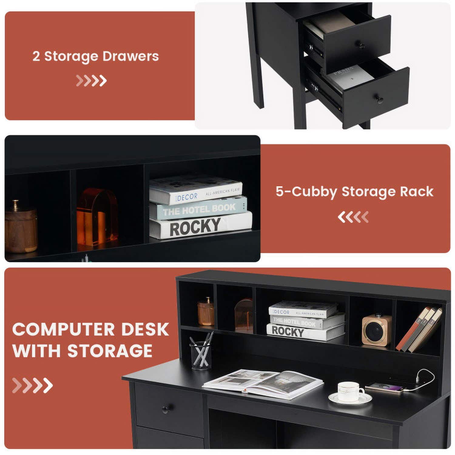 Kadyn - 48 Inch Computer Desk with Drawers Power Outlets- Home Office Desks, Gaming Computer Desks for Study,Working - Black - Thumbnail 2