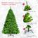 The image shows a flocked Christmas tree with unique green snow, accompanied by a description of the tree's features. The tree has an enhanced tree top and is made of 1404 PVC branches with a flocked design. Additionally, the tree comes with a folding and sturdy metal stand.