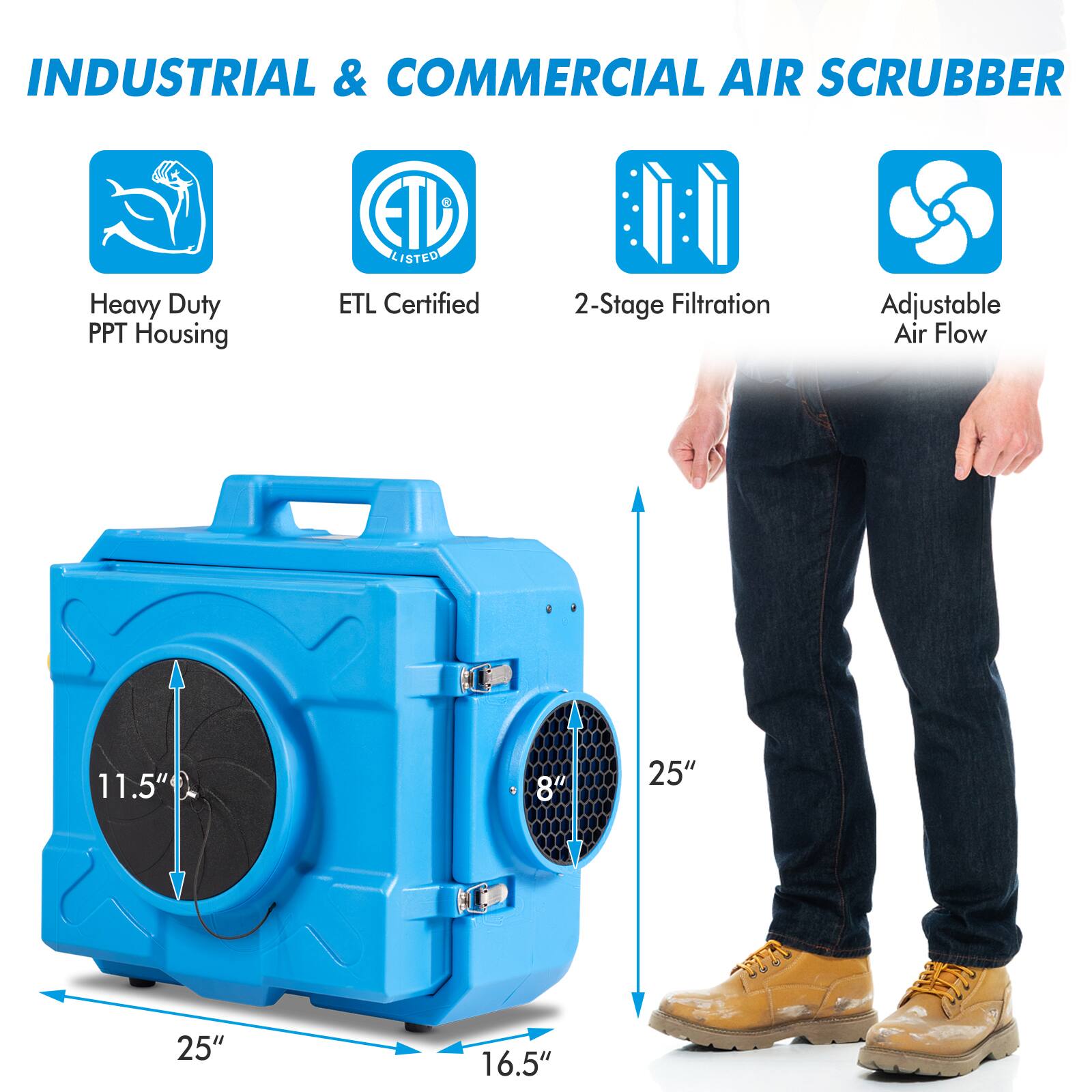 INDUSTRIAL & COMMERCIAL AIR SCRUBBER
Heavy Duty PPT Housing
ETL Certified
2-Stage Filtration
Adjustable Air Flow
11.5"
8"
25"
25"
16.5"