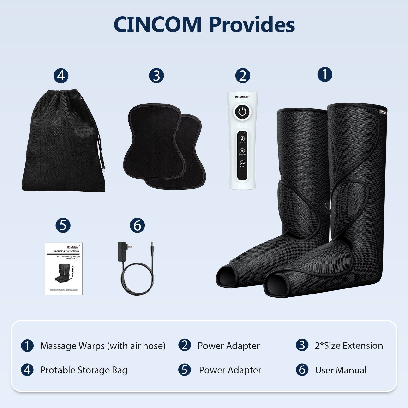 CINCOM Provides

1. Massage Warps (with air hose)
2. Power Adapter
3. 2*Size Extension
4. Portable Storage Bag
5. Power Adapter
6. User Manual