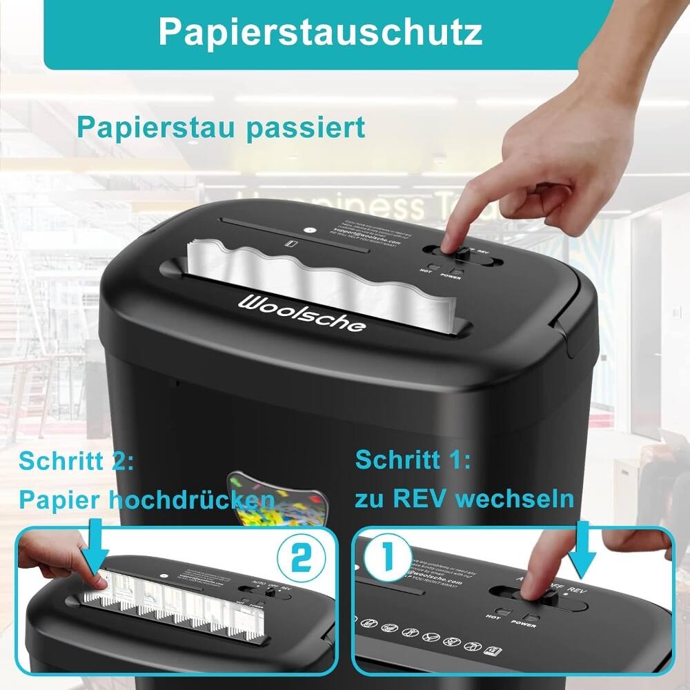 Papierstauschutz  
Papierstau passiert  
Woolsche MT  

Schritt 1: zu REV wechseln  
Schritt 2: Papier hochdrücken
