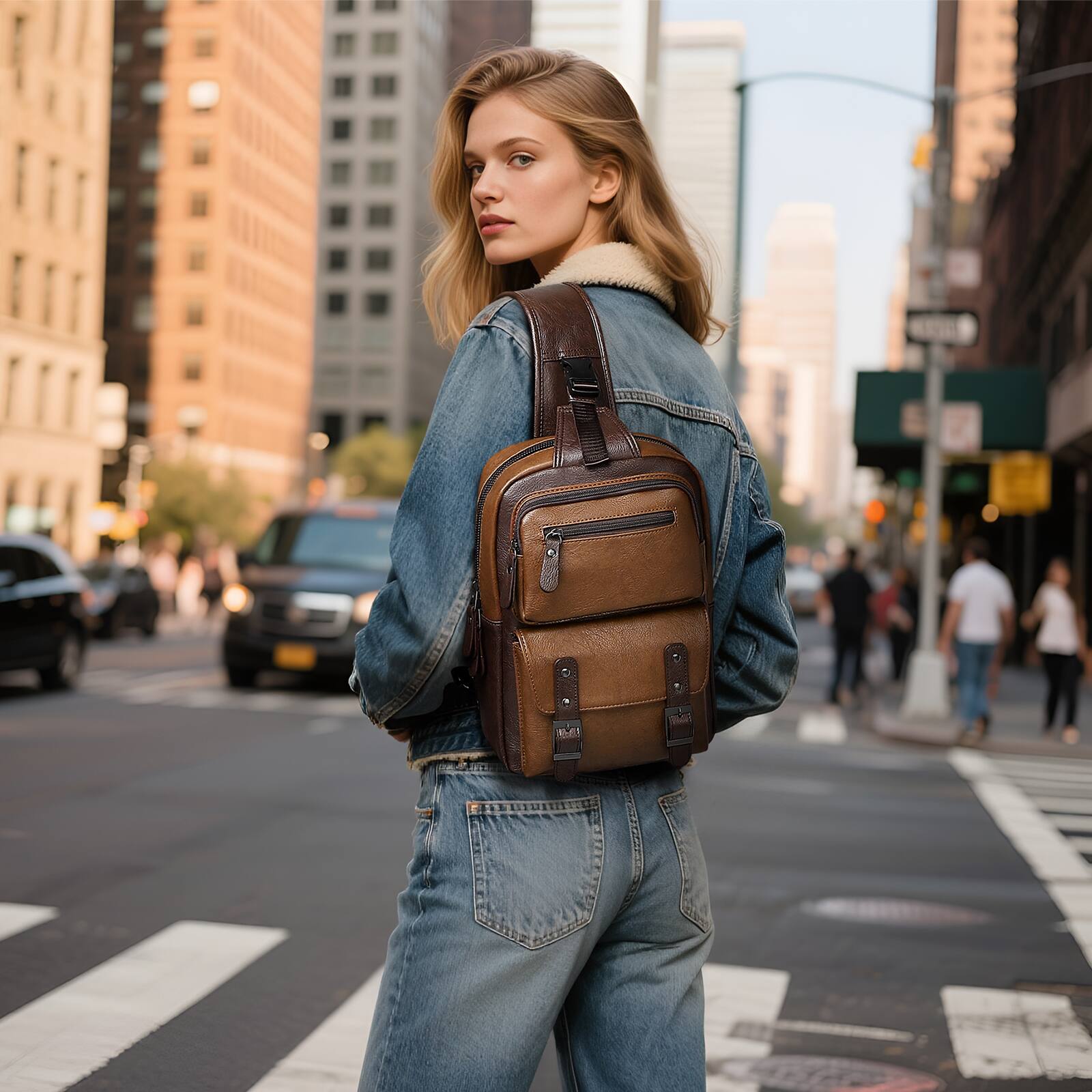 Alt View 6. Unique Bargains - Vintage PU Leather Sling Backpack, Crossbody Shoulder Bag with Adjustable Strap, Multi-Pocket Compact Travel Chest Bag - Light Brown.