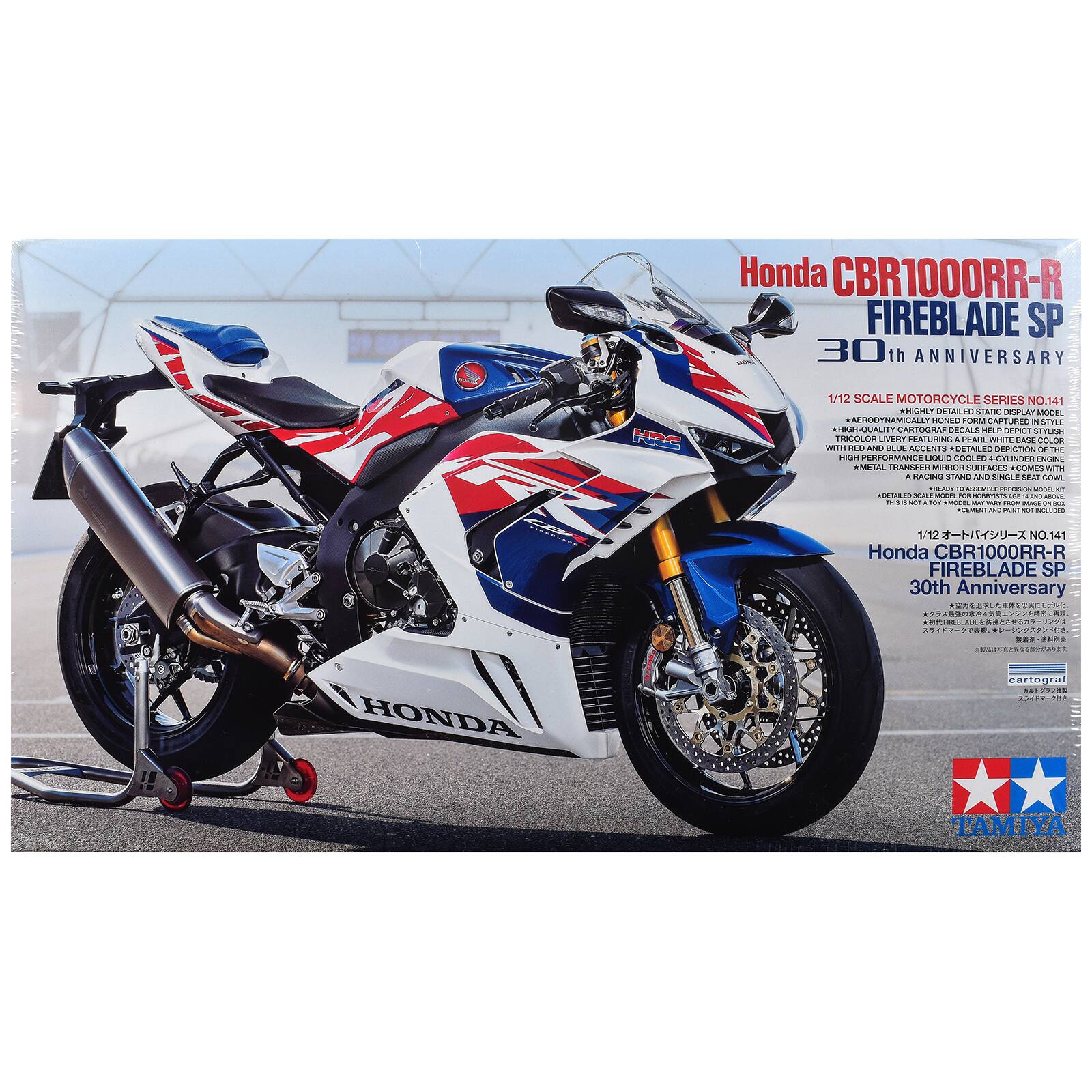 Honda CBR1000RR-R FIREBLADE SP 30th Anniversary

1/12 SCALE MOTORCYCLE SERIES NO.141

- HIGHLY DETAILED STATIC DISPLAY MODEL
- AERODYNAMICALLY HONED FORM CAPTURED IN MODEL
- HIGH-QUALITY CARTOGRAPHIC DECALS HELP DEPICT STYLISH TRICOLOR LIVERY FEATURING PEARL WHITE BASE COLOR WITH RED AND BLUE ACCENTS
- DETAILED DEPICTION OF THE HIGH PERFORMANCE LIQUID COOLED CYLINDER ENGINE
- METAL TRANSFER MIRROR SURFACES
- COMES WITH A RACING STAND AND SINGLE SEAT COWL

*READY TO ASSEMBLE PRECISION MOCK-UP
*THIS IS A TOY MODEL. MAY VARY FROM IMAGE ON BOX. CEMENT NOT INCLUDED

Honda CBR1000RR-R FIREBLADE SP 30th Anniversary

1/12 SCALE MOTORCYCLE SERIES NO.141

- AERODYNAMICALLY HONED FORM CAPTURED IN MODEL
- HIGH-QUALITY CARTOGRAPHIC DECALS HELP DEPICT STYLISH TRICOLOR LIVERY