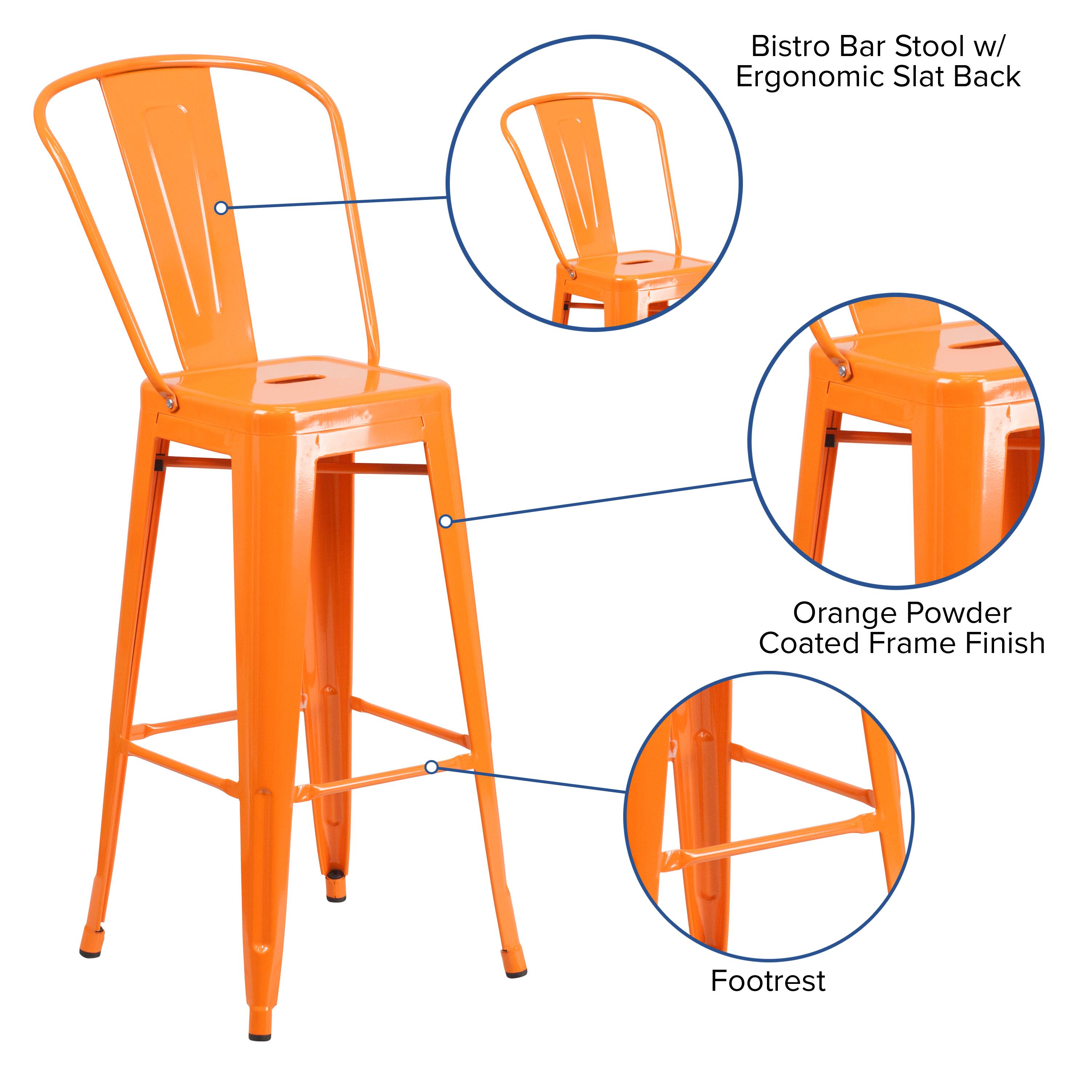 Bistro Bar Stool w/ Ergonomic Slat Back  
Orange Powder Coated Frame Finish  
Footrest