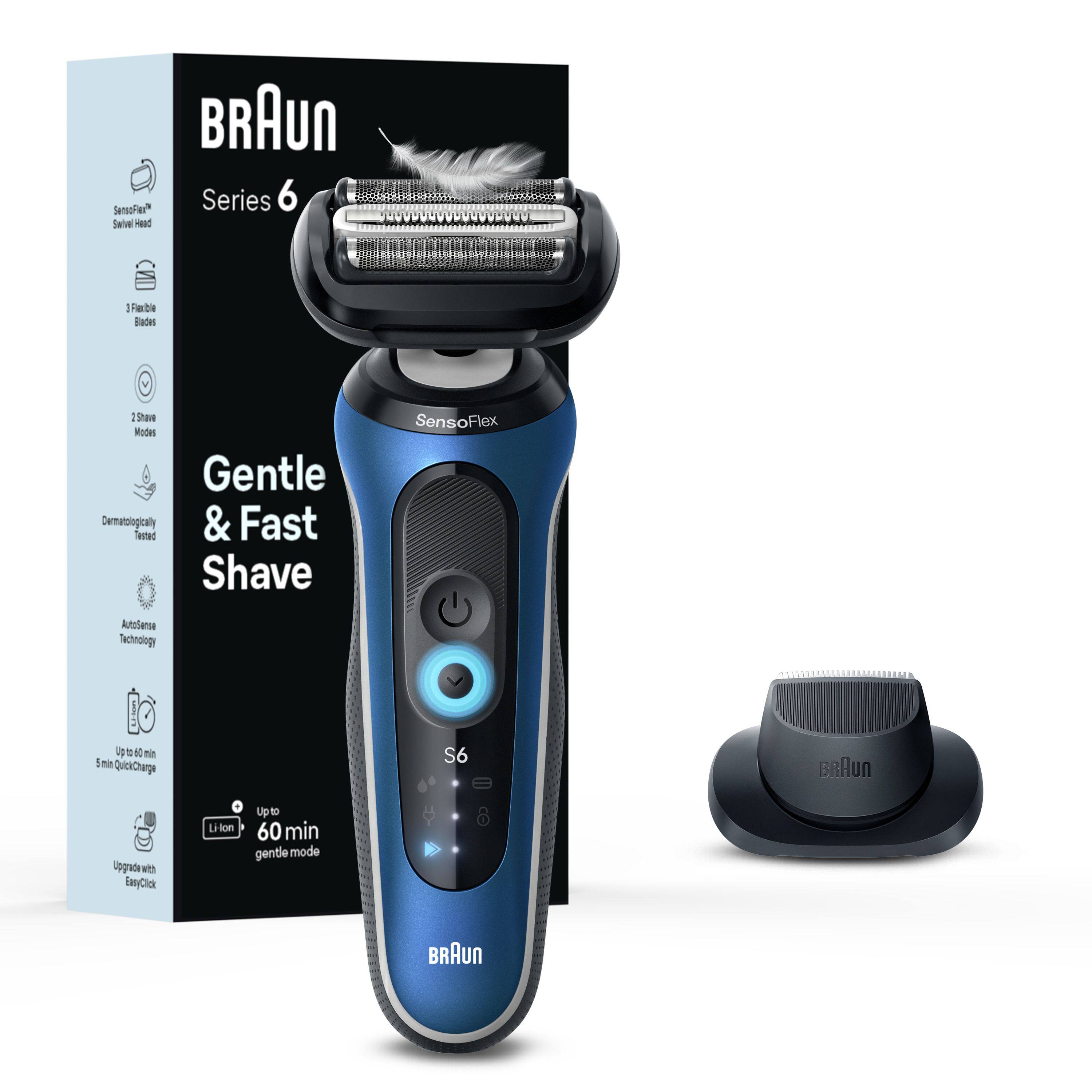 BRAUN SensoPerfection Series 6 - Gentle & Fast Shave  
- SensoFlex  
- 3 Flexible Blades  
- 2 Shave Modes  
- Dermatologically Tested  
- AutoSense Technology  
- Up to 60 min gentle mode  
- Up to 60 min battery life  
- Up to 40 min quick charge  
- Upgrade with EasyClick