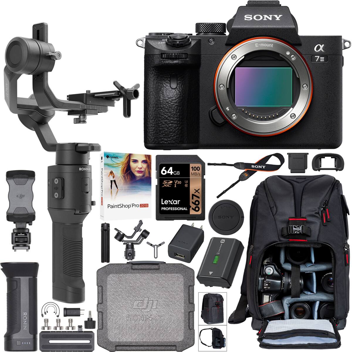 SONY E-mount α7 III

RONIN SC

64GB 100 MB/s V30 Lexar 667x

PaintShop Pro 2018

SONY NP-FW50 Battery

SONY AC-PW30 AC Adapter

SONY USB Cable

CJ RONIN SC

CJ RONIN SC Carrying Case

CJ RONIN SC Accessories (including screws and mounts)

CJ RONIN SC Shoulder Pad

CJ RONIN SC Handheld Grip

CJ RONIN SC Tripod Adapter

CJ RONIN SC Quick Release Plate

CJ RONIN SC Camera Plate

CJ RONIN SC Handheld Grip

CJ RONIN SC Carrying Case