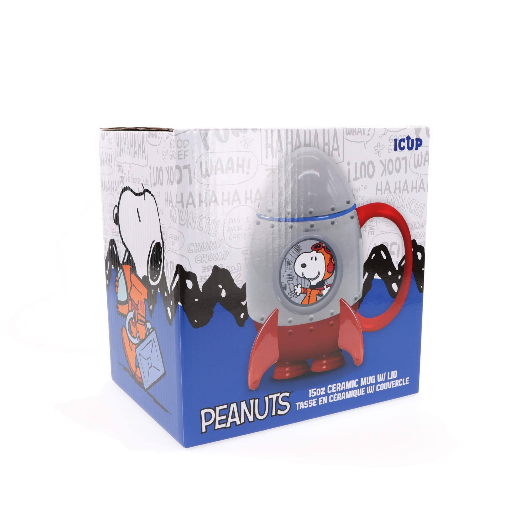 Sure, here is the corrected and grouped text from the image:

**Front of the Box:**
- PEANUTS
- 15oz CERAMIC MUG W/ LID
- TASSE EN CÉRAMIQUE W/ COUVERCLE

**Side of the Box:**
- ICUP
- WAH!
- HAHAHAHA
- CRUNCH!
- PUIS-JE AVOIR LA CARTE?
- CHOMP CHOMP
- WHAT?
- ICUP
- WAH!
- HAHAHAHA
- CRUNCH!
- PUIS-JE AVOIR LA CARTE?
- CHOMP CHOMP

**Additional Text:**
- BRIEF
- WAH!
- HAHAHAHA
- CRUNCH!
- PUIS-JE AVOIR LA CARTE?
- CHOMP CHOMP