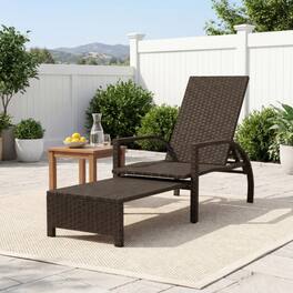 Mondawe - Patio Rattan Chaise Lounge Chair w Retractable Ottoman & 6-Level Backrest 400 lbs - Mix Brown