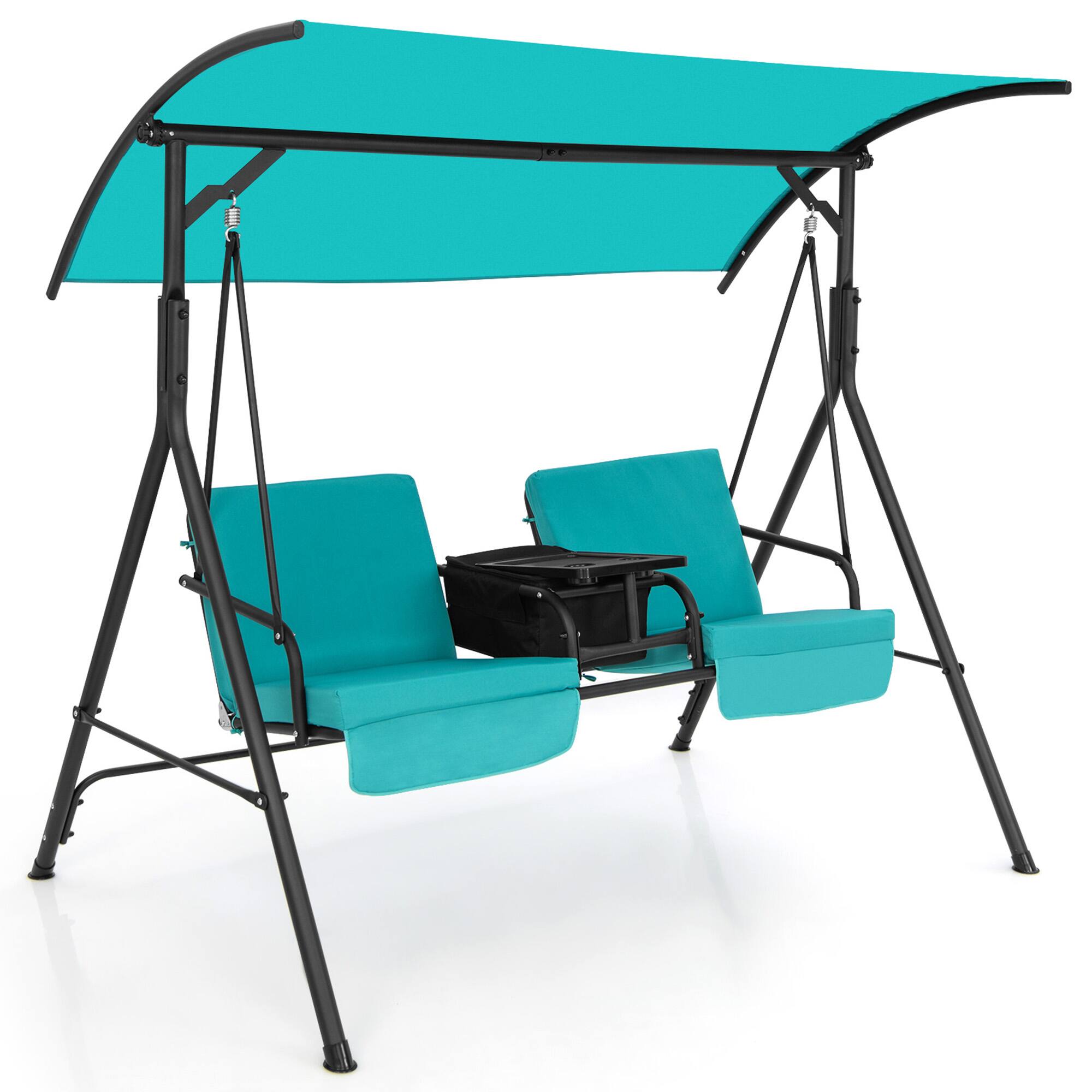 Alt View 1. Gymax - Gymax 2-Person Canopy Porch Swing Padded Chair Cooler Bag Rotatable Tray Turquoise - Turquoise.