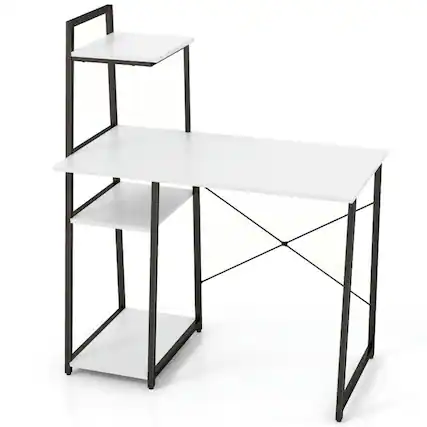 Front. Pefilos - Compact Computer Desk Workstation with 4 Tier Shelves for Home & Office-White - White.