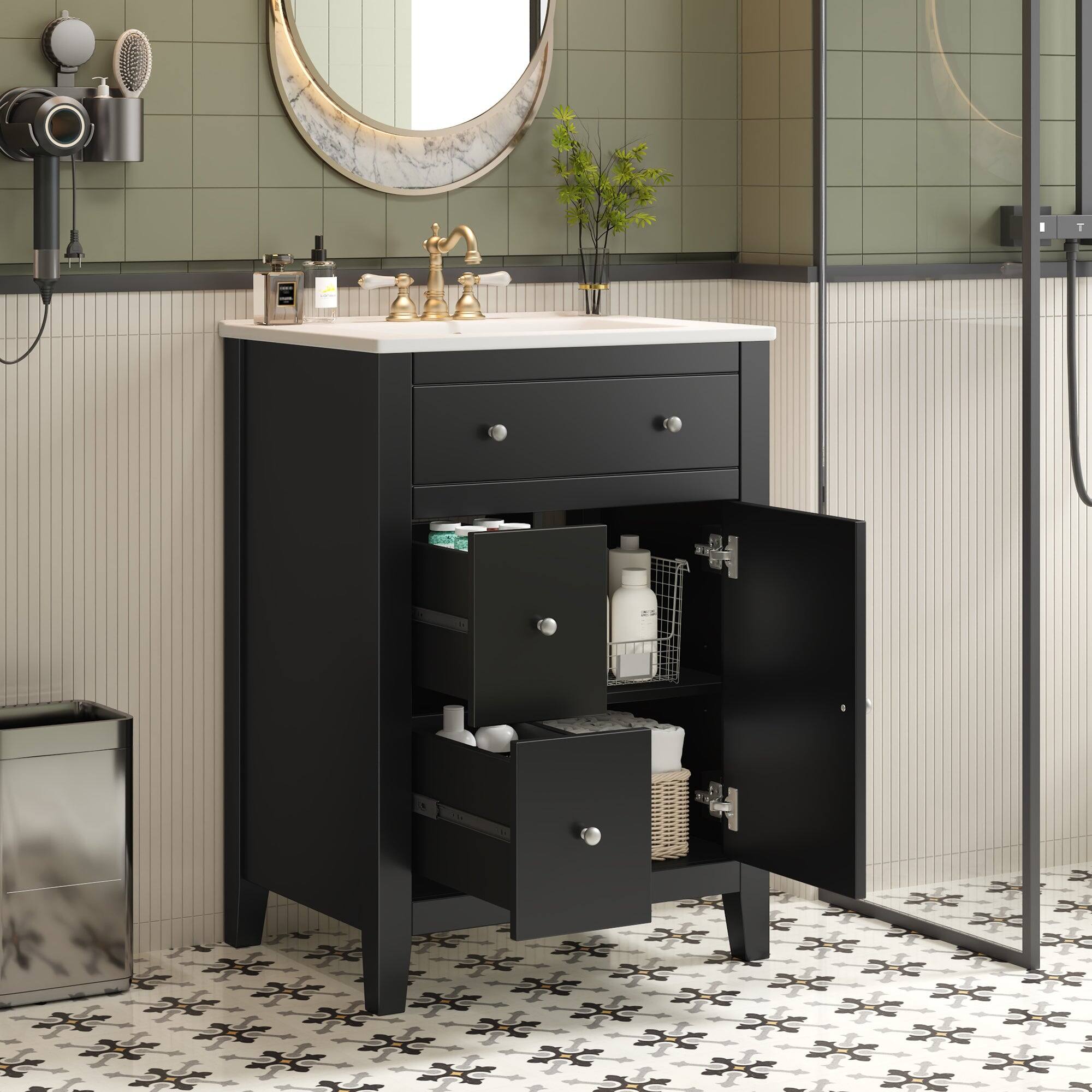 Alt View 2. Boyel Living - 24 Inch Modern Bathroom Vanity with Ceramic Basin and Drawers Black - Black.