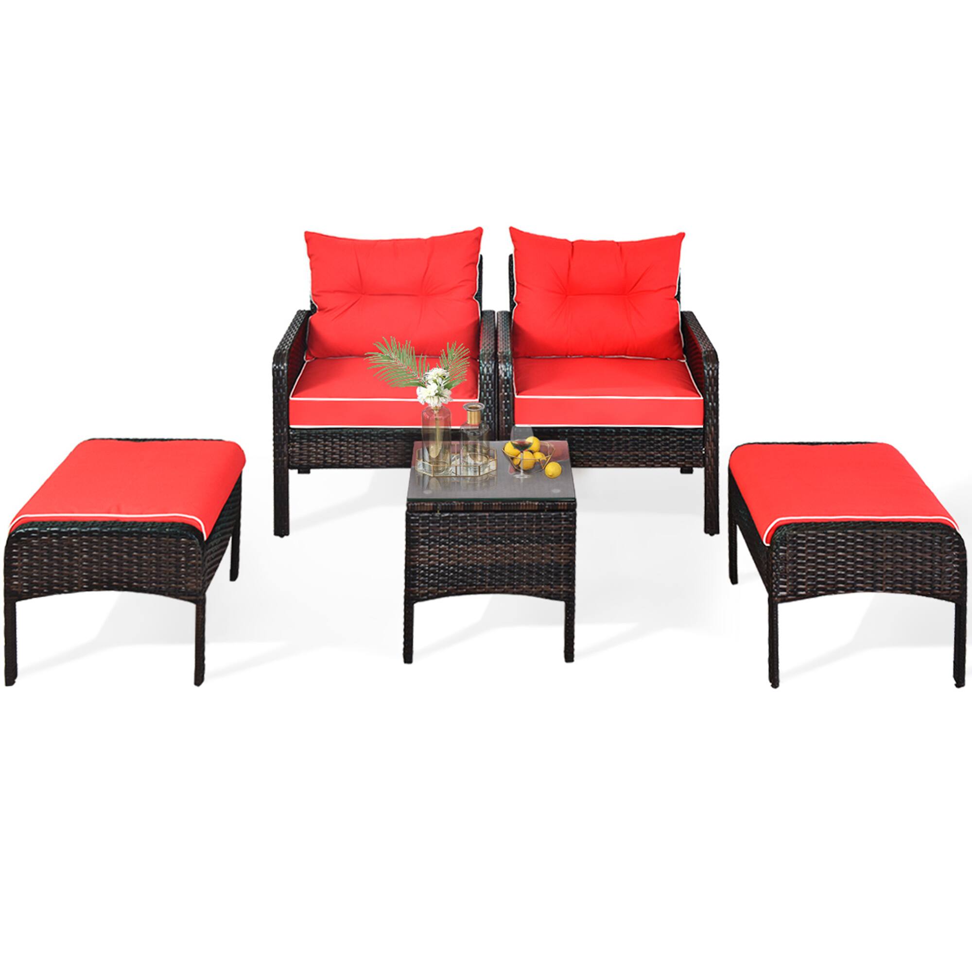 Alt View 5. Gymax - Gymax 5PCS Patio Set Sectional Rattan Wicker Furniture Set w/ Red Cushion - Red.
