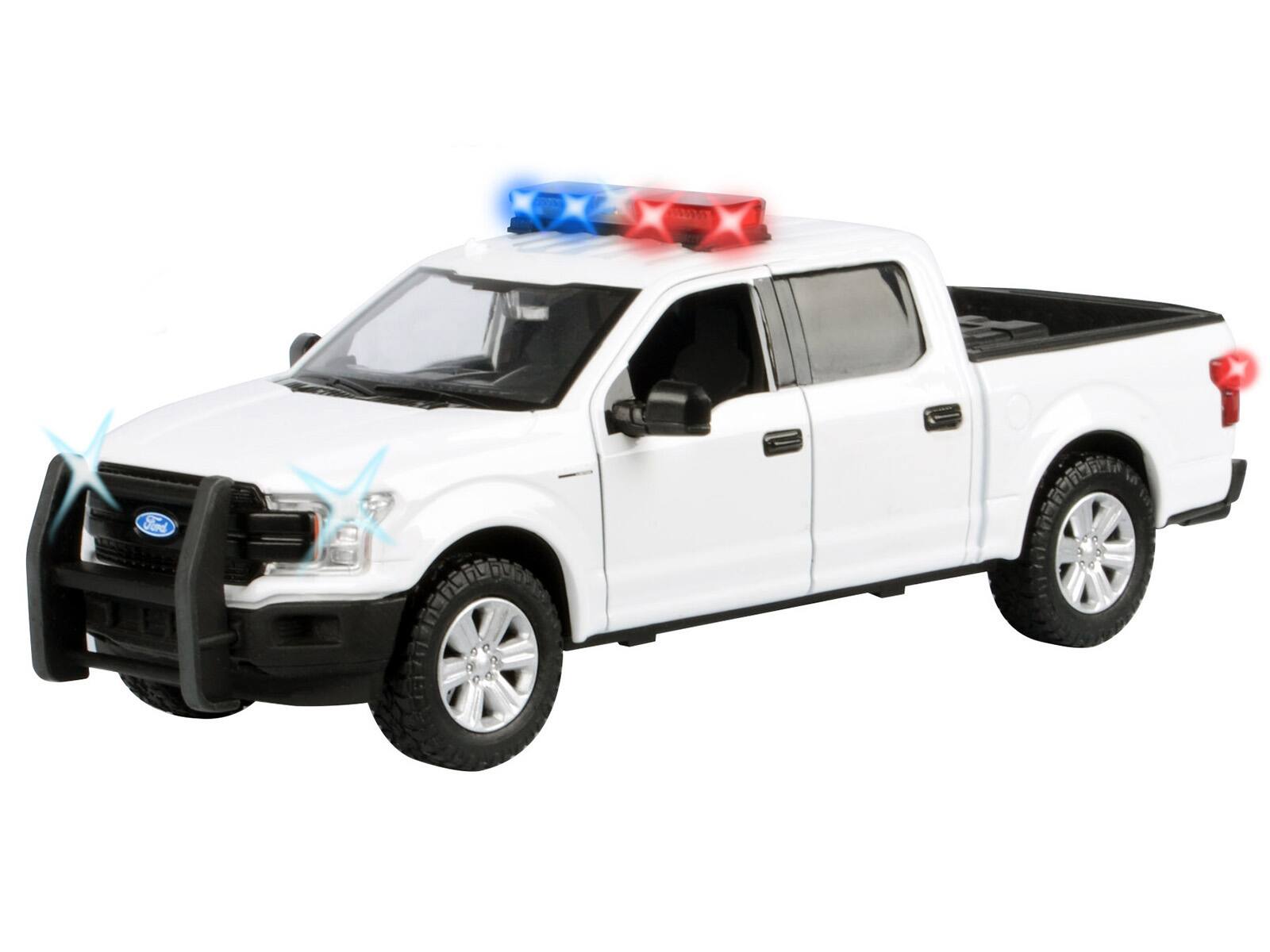 Alt View 1. Motormax - 2019 Ford F-150 Lariat Crew Cab Truck White with Light Bar and Front and Rear Lights & Sounds 1/27 Model Car by Motormax.
