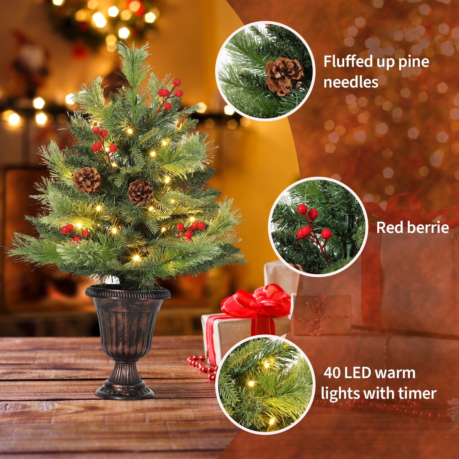 Fluffed up pine needles  
Red berries  
40 LED warm lights with timer