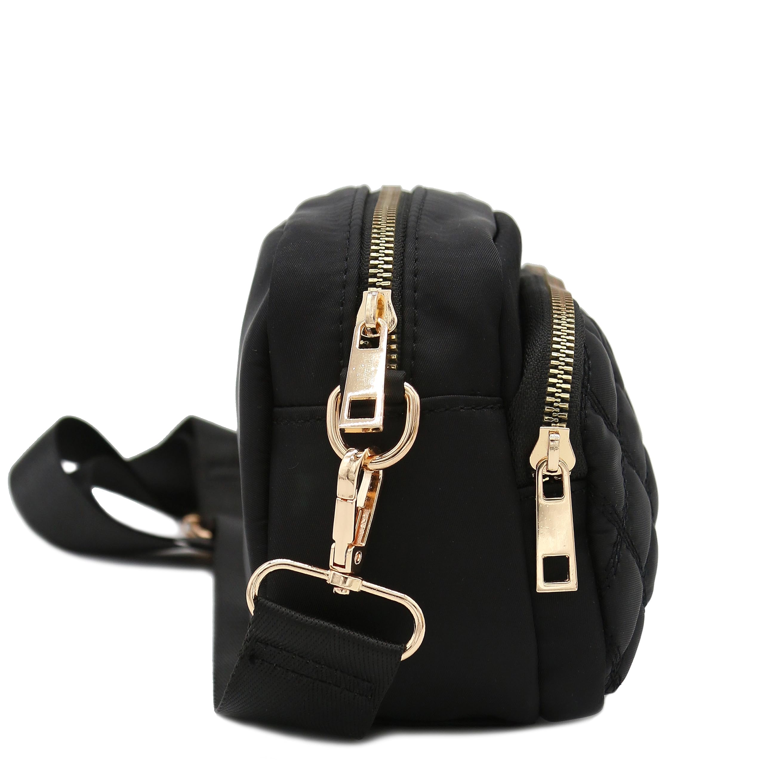 Back. Live At Space - Quilted Nylon Crossbody Bag With Wide Strap Dimensions: 7.5" (W) x 5" (H) x 3.5" (D)Zipper closure, Nylon body &tone - Nude.