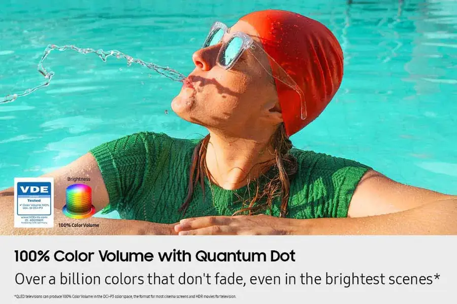 VDE Brightness Tested kr Volume 100% - CCSP3 www.VDEIto coO D O053 100% Color Volume with Quantum Dot Over a billion colors that don't fade, even in the brightest scenes *QLED televisions can produce 100% Volume in the DCI-PS colorspace, the format most cinema screens and HDR movies for television.