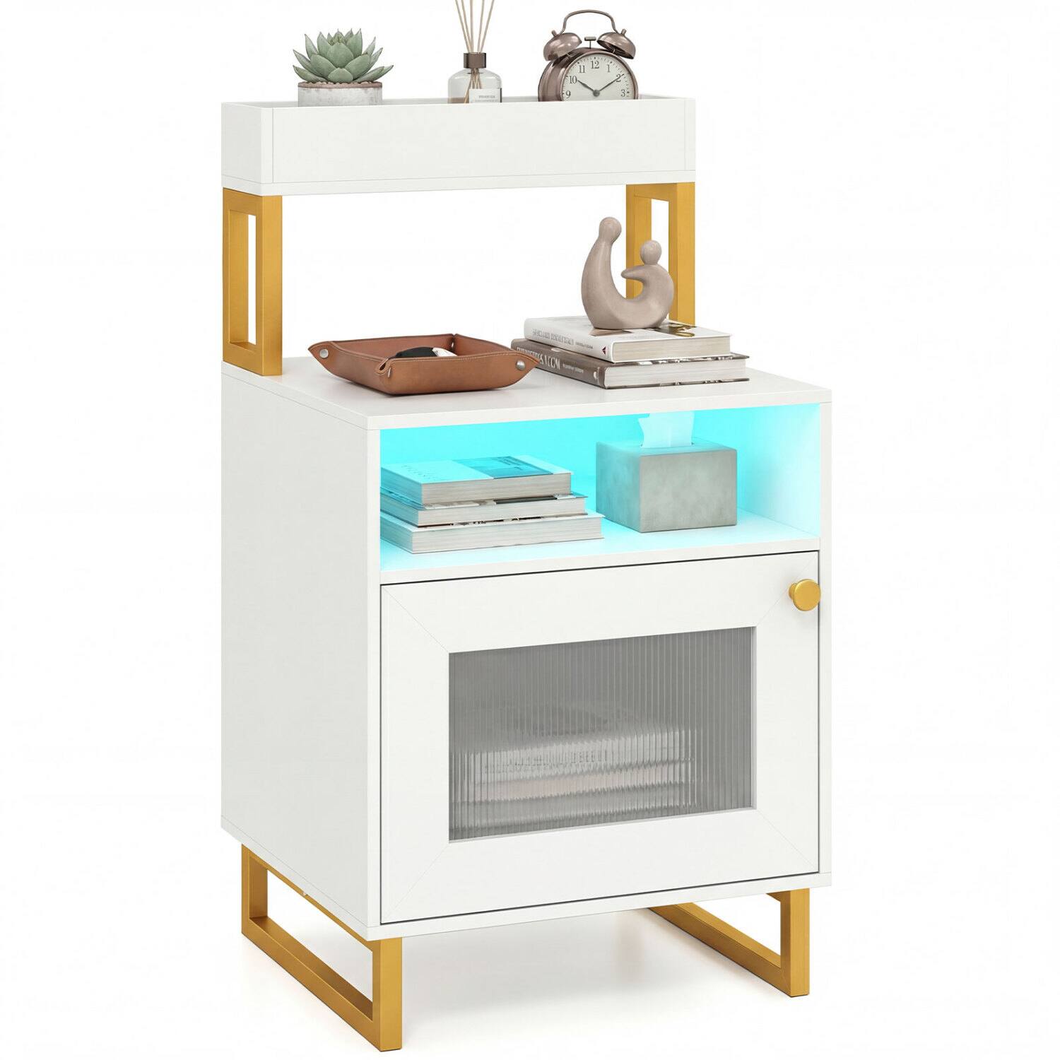 Alt View 3. WELLFOR - LED Nightstand with Top Tray Open Compartment and Storage Cabinet - White.